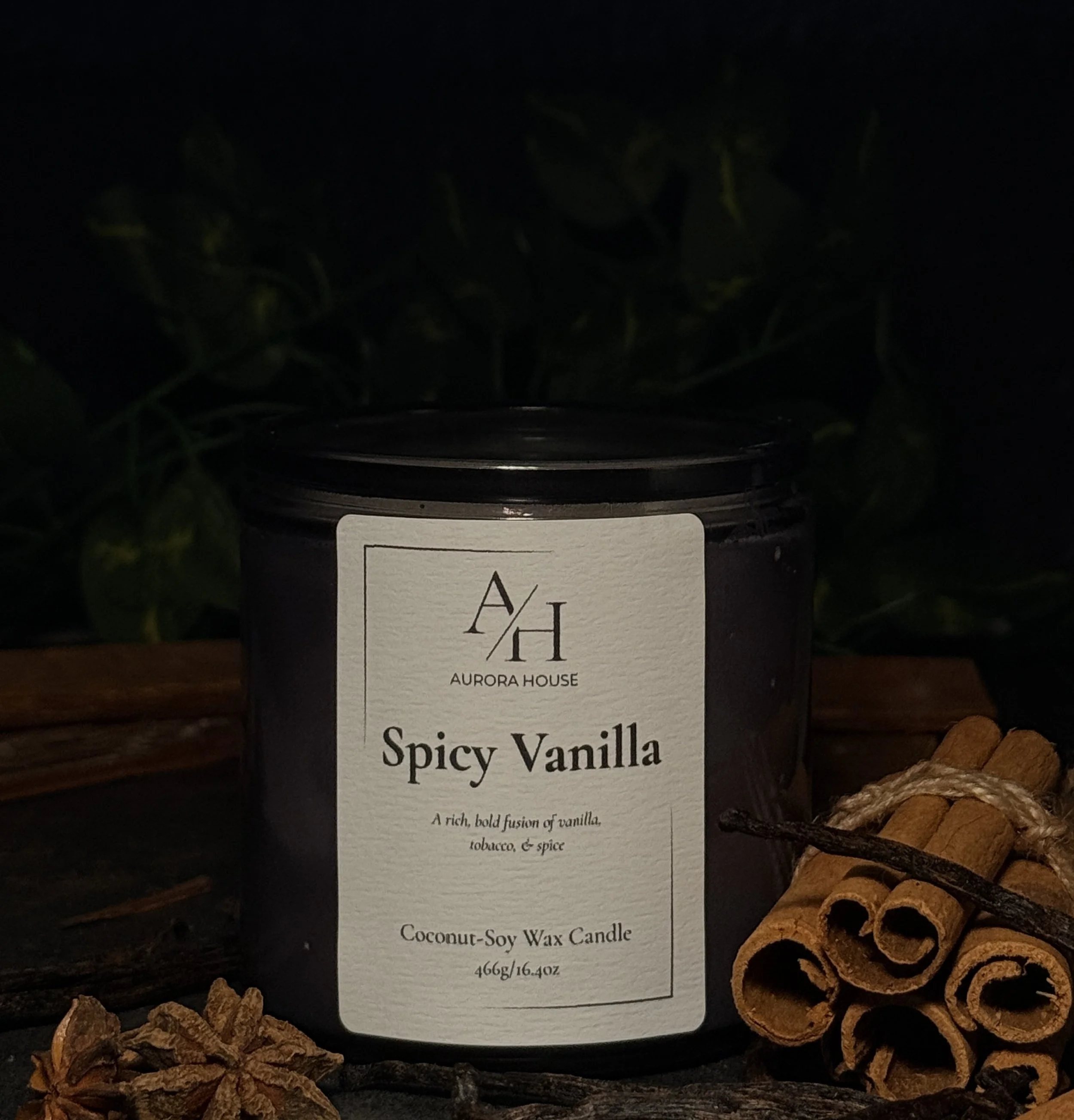 Aurora House 9oz candle Spicy vanilla with cinnamon sprigs and vanilla beans