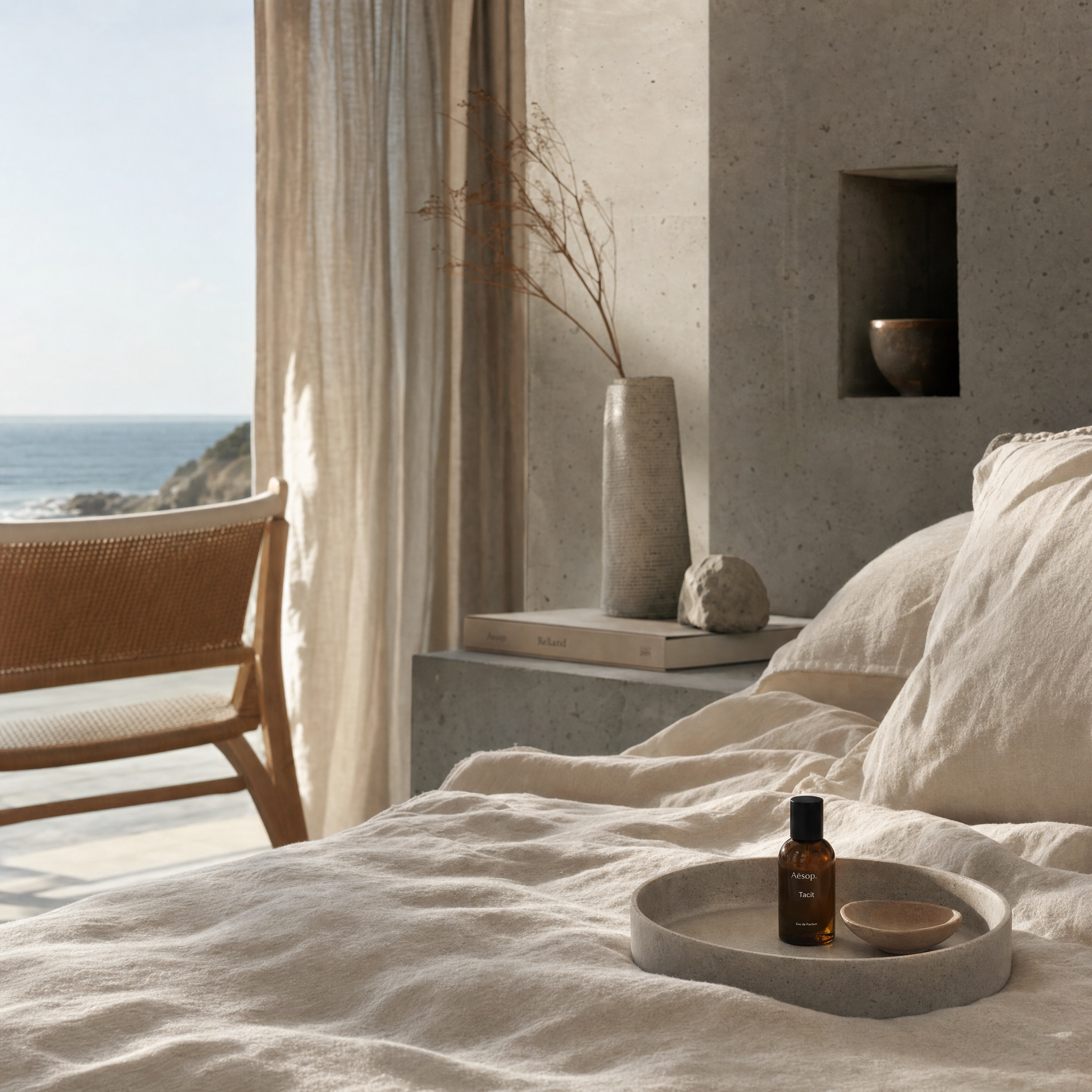 Sunlit luxury interior with soft linen textures and neutral decor inspired by the fresh and calming mood of the Optimistic fragrance.