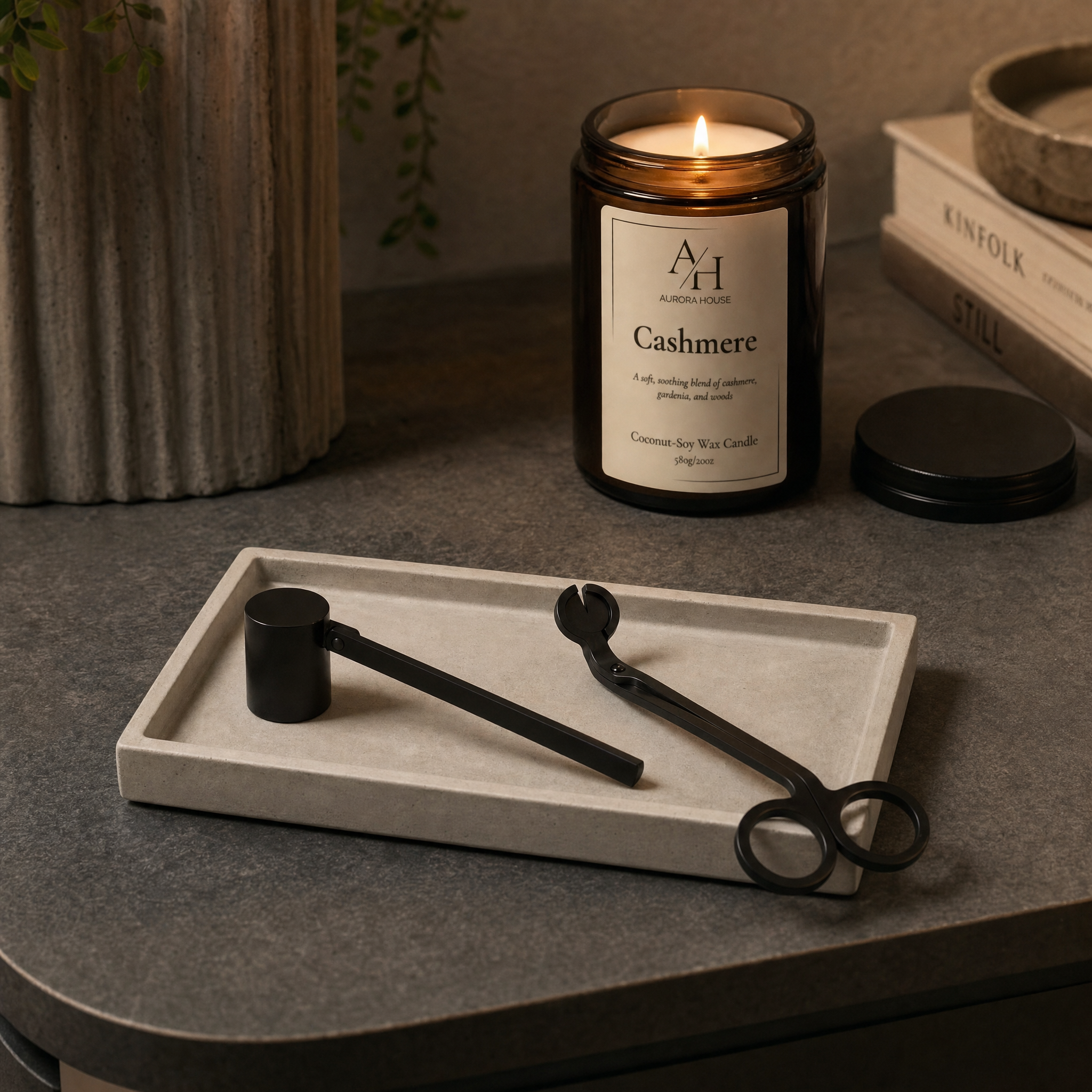 Aurora House Wick & Stone Set featuring a handcrafted concrete tray, wick trimmer, and candle snuffer.