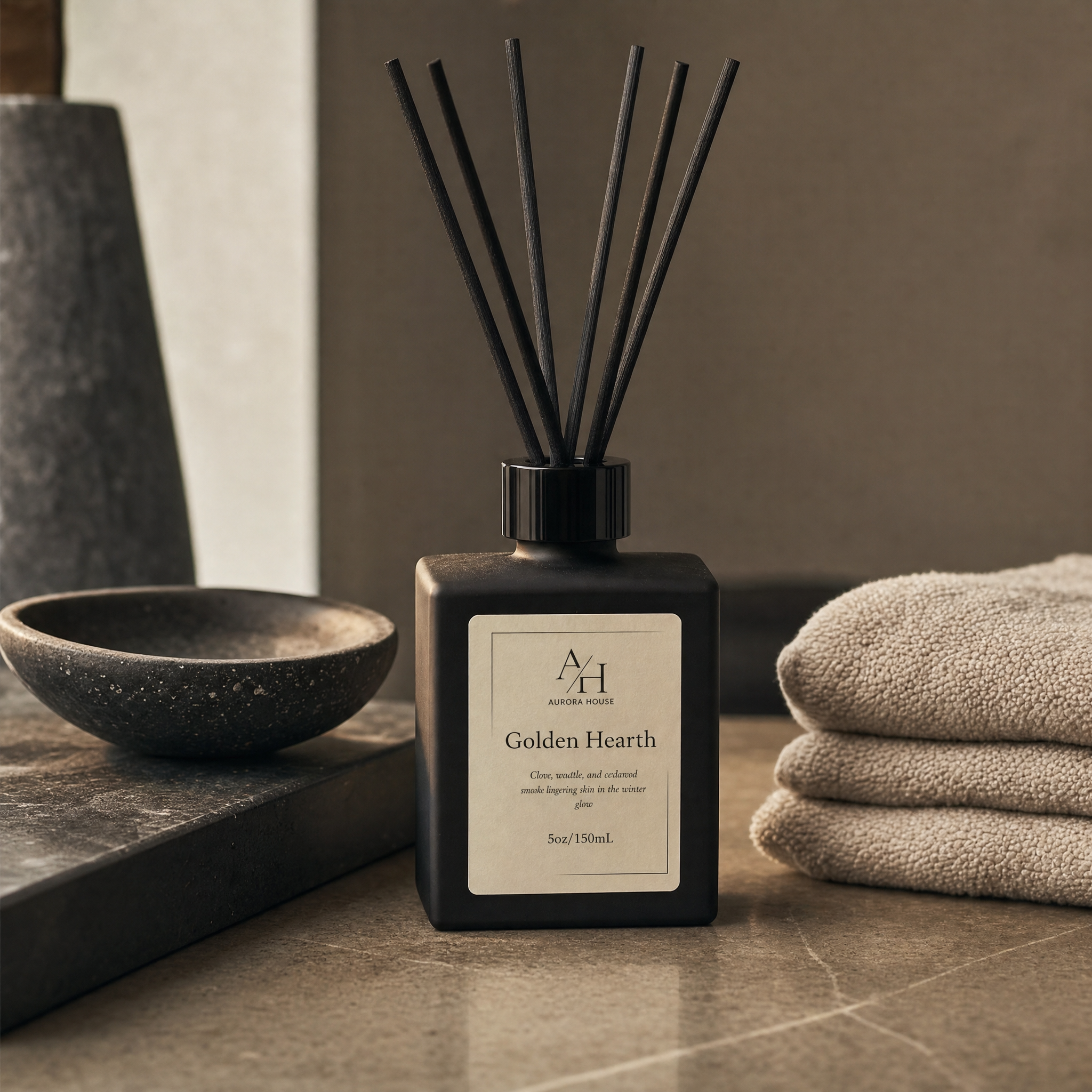 Aurora House reed diffuser styled on a modern bathroom counter with folded linen towels and minimalist decor.