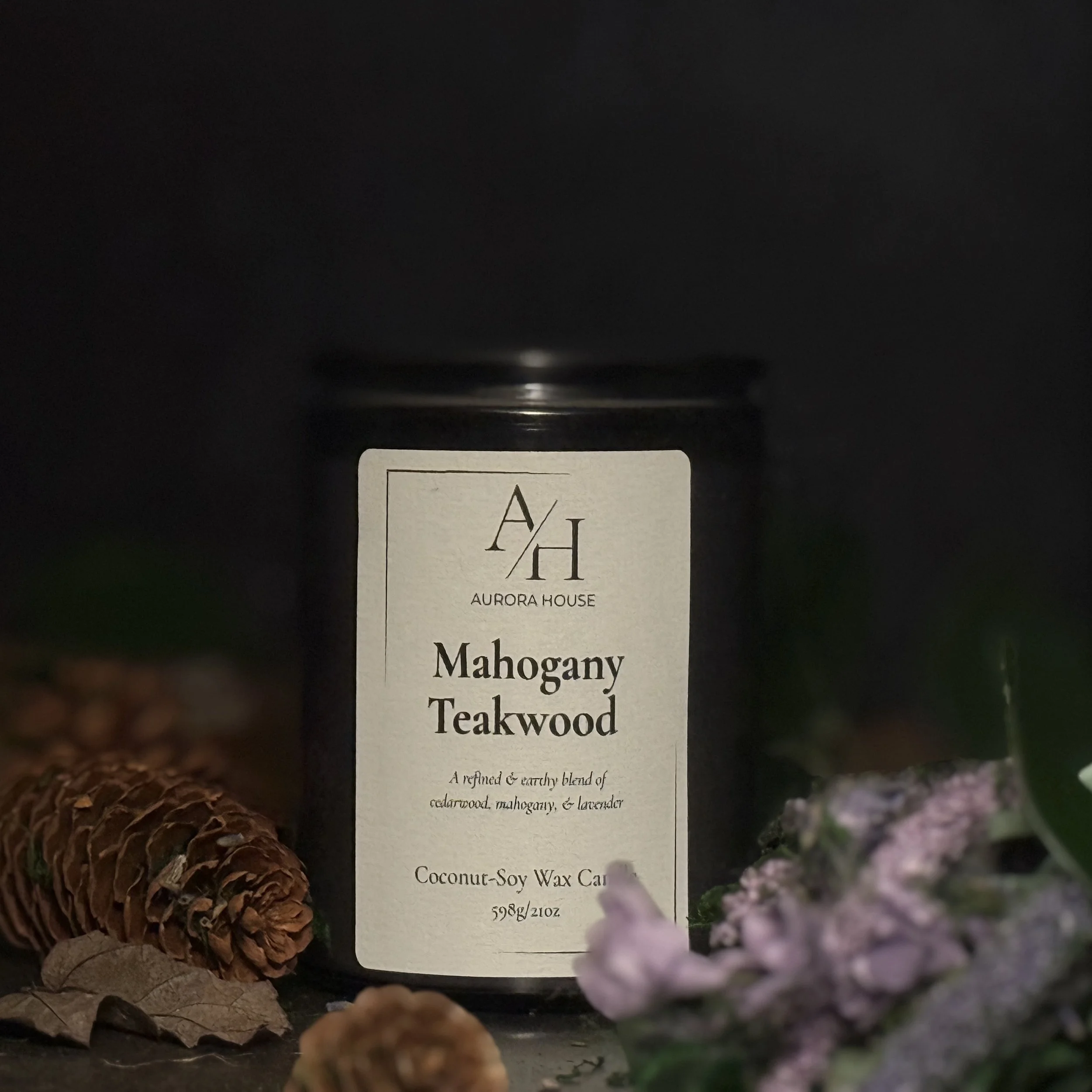 Aurora House 12oz candle MahoganyTeakwood with lavender sprigs and earthy accents