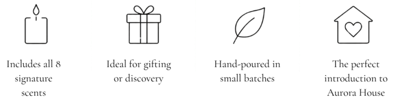 Icons of a candle, a gift box, a leaf, and a house with a heart.