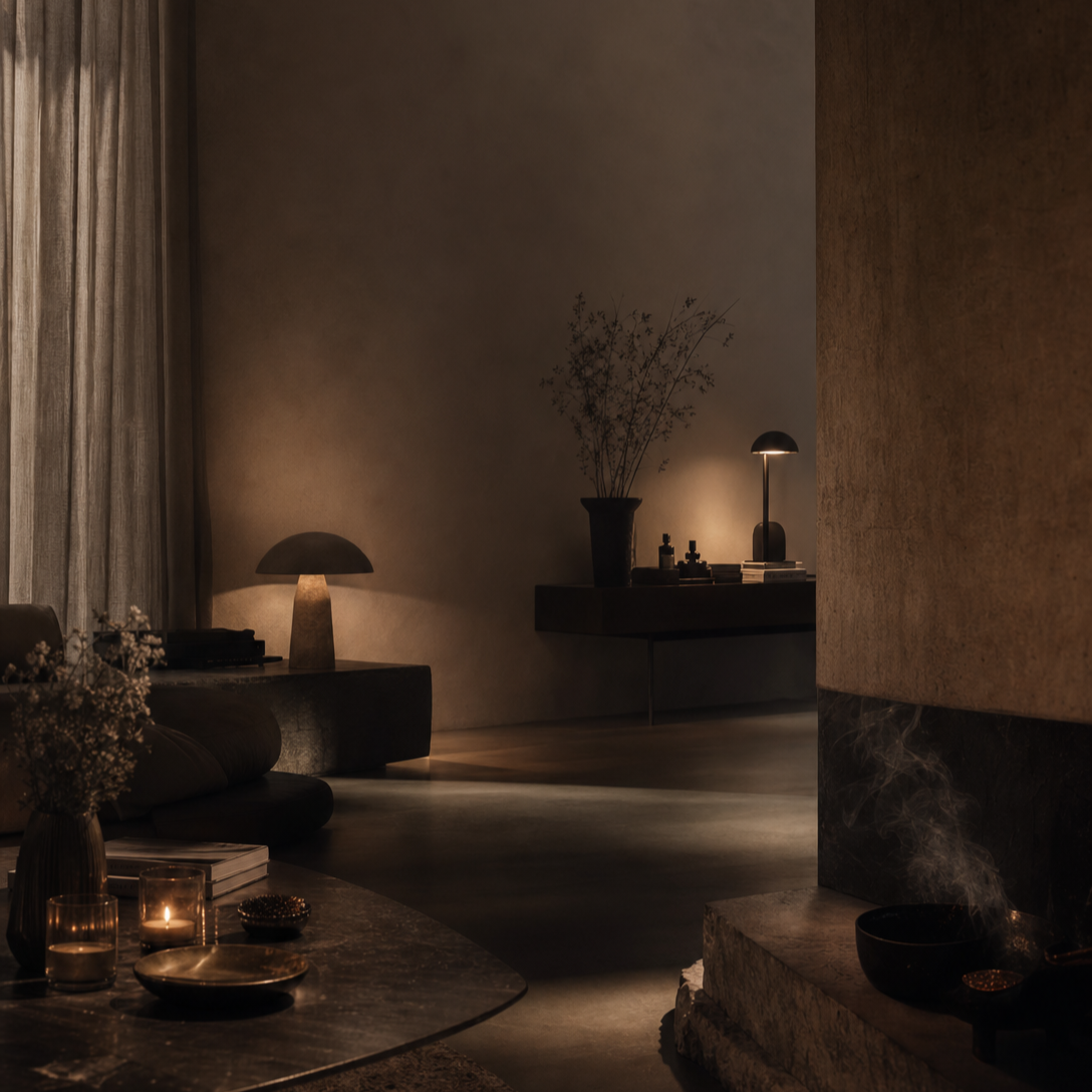 Dimly lit living room with modern lamps, a sofa, flowers, candles, and a fireplace with smoke rising from a pot.