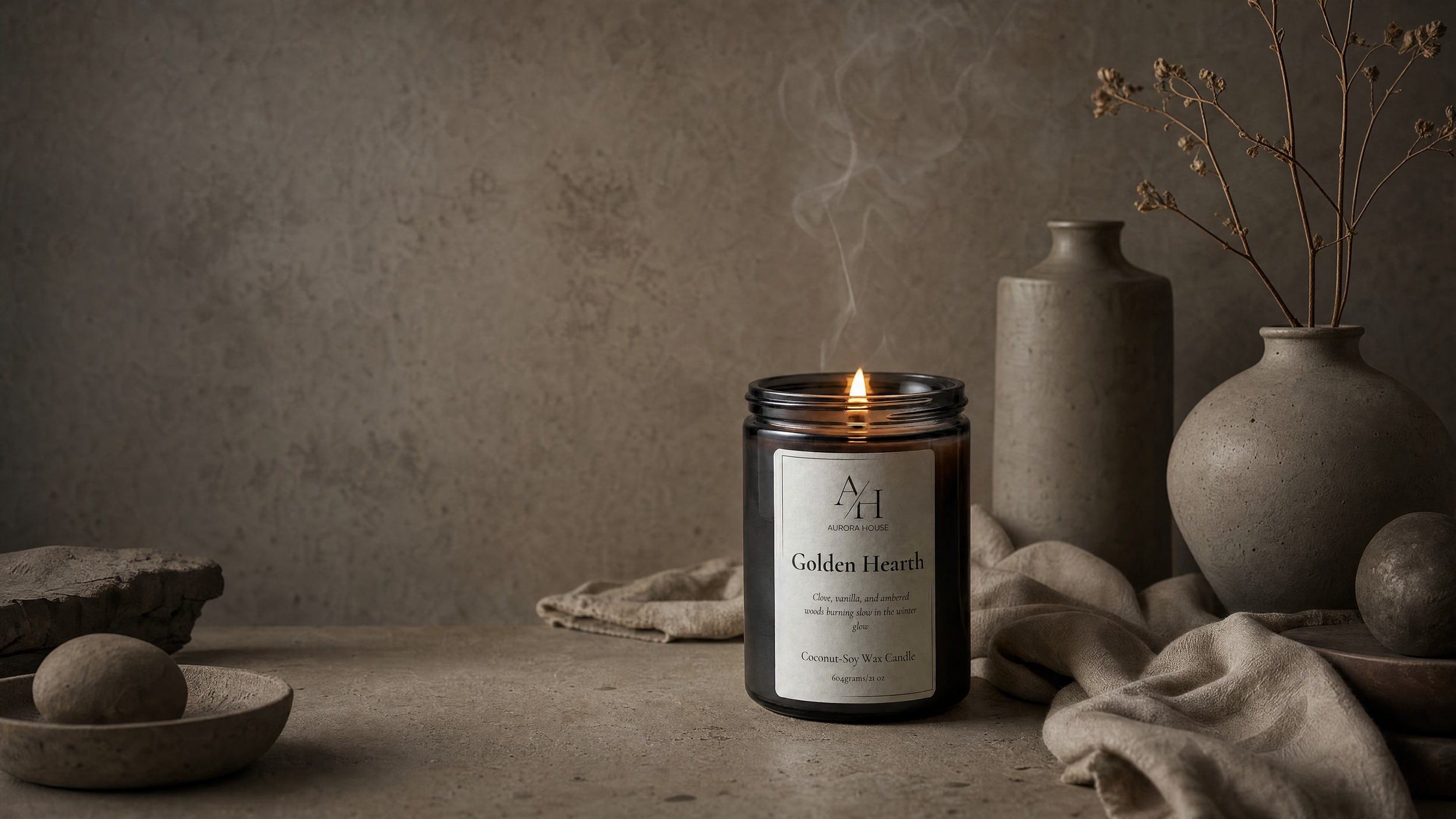 A lit black candle labeled 'Golden Hearth' amidst beige stones and ceramic vases with dried branches, on a neutral textured surface.