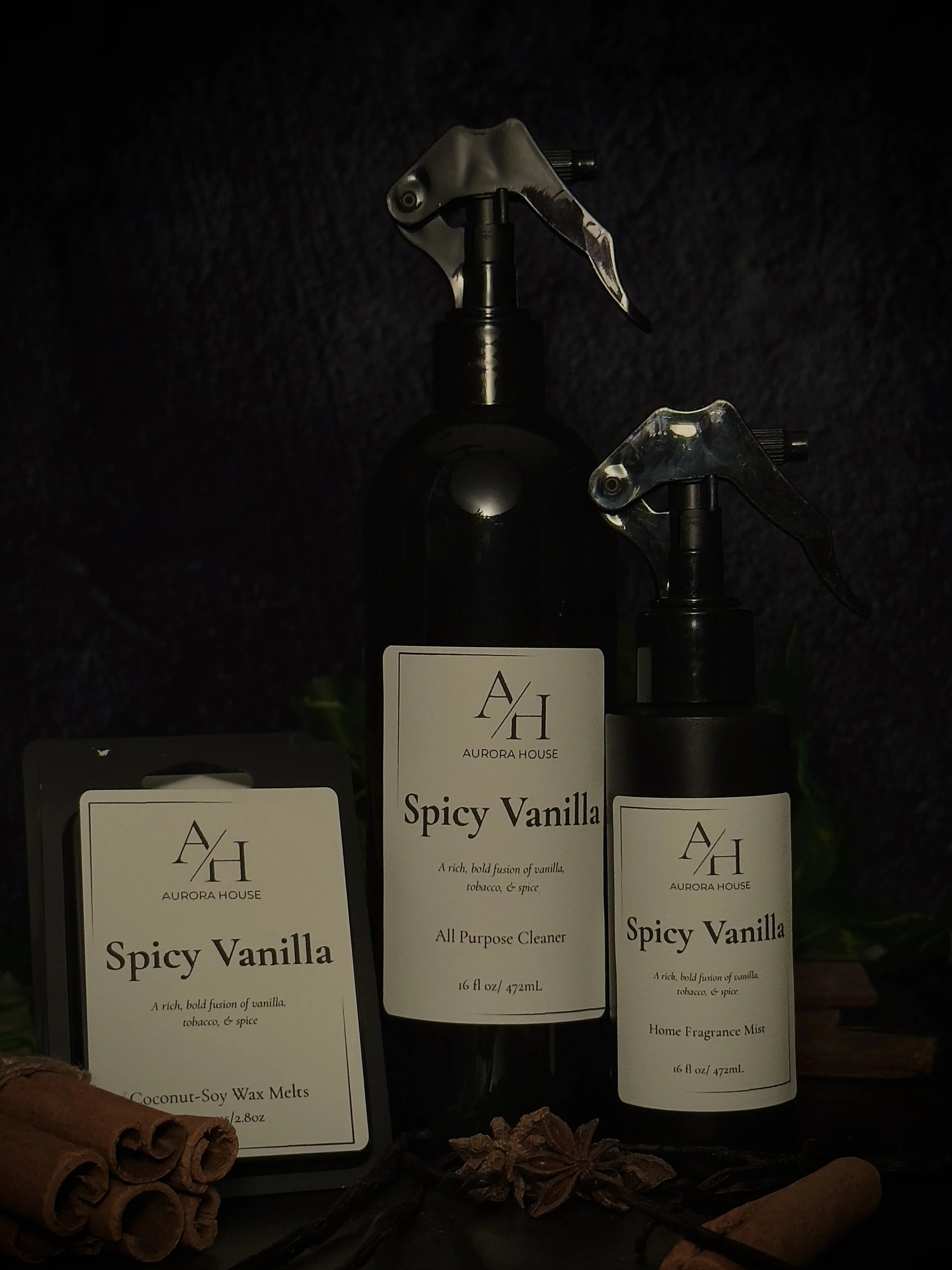 Aurora House Home Harmony Set in Spicy vanilla including wax melts, all purpose cleaner, and home fragrance mist