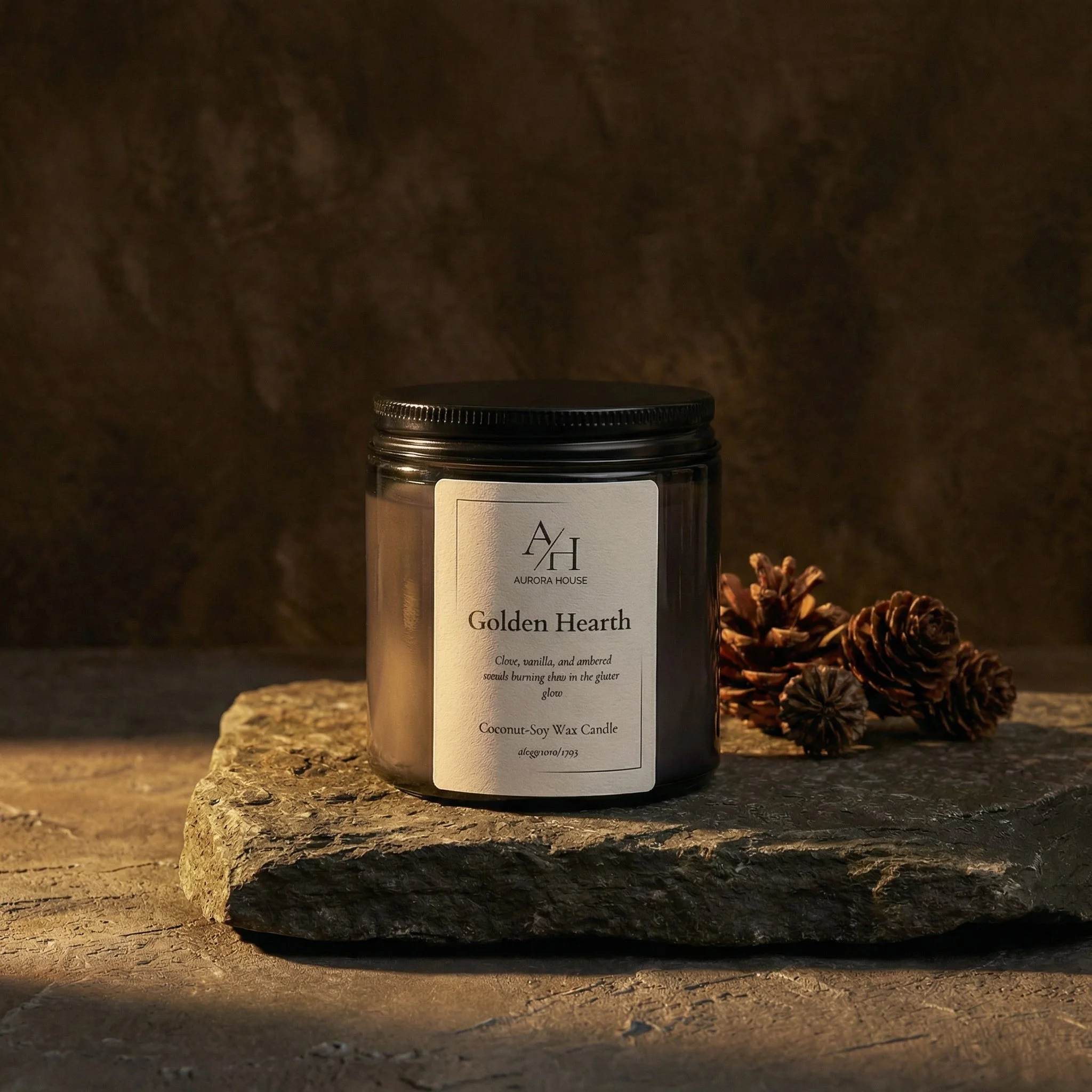 A black jar candle labeled "Golden Hearth" by Aurora House, with a toasted marshmallow on the left and small amber glass pieces on the right, all set against a neutral background.