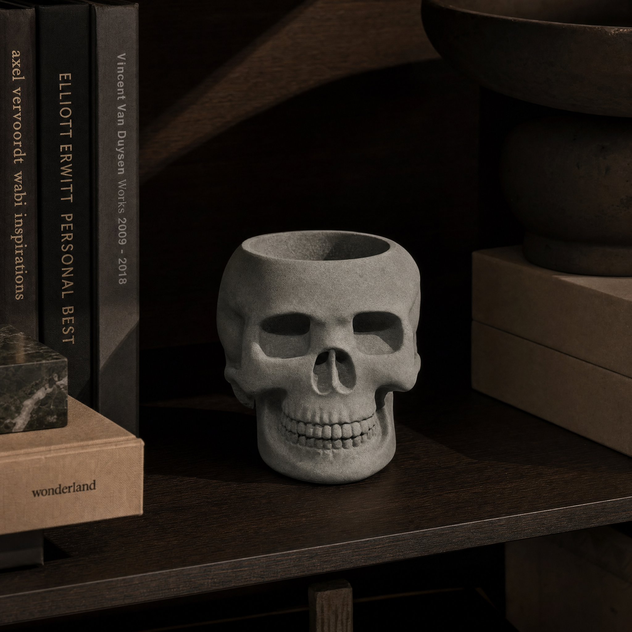 Aurora House Obscura Skull handcrafted from concrete with modern sculptural styling.