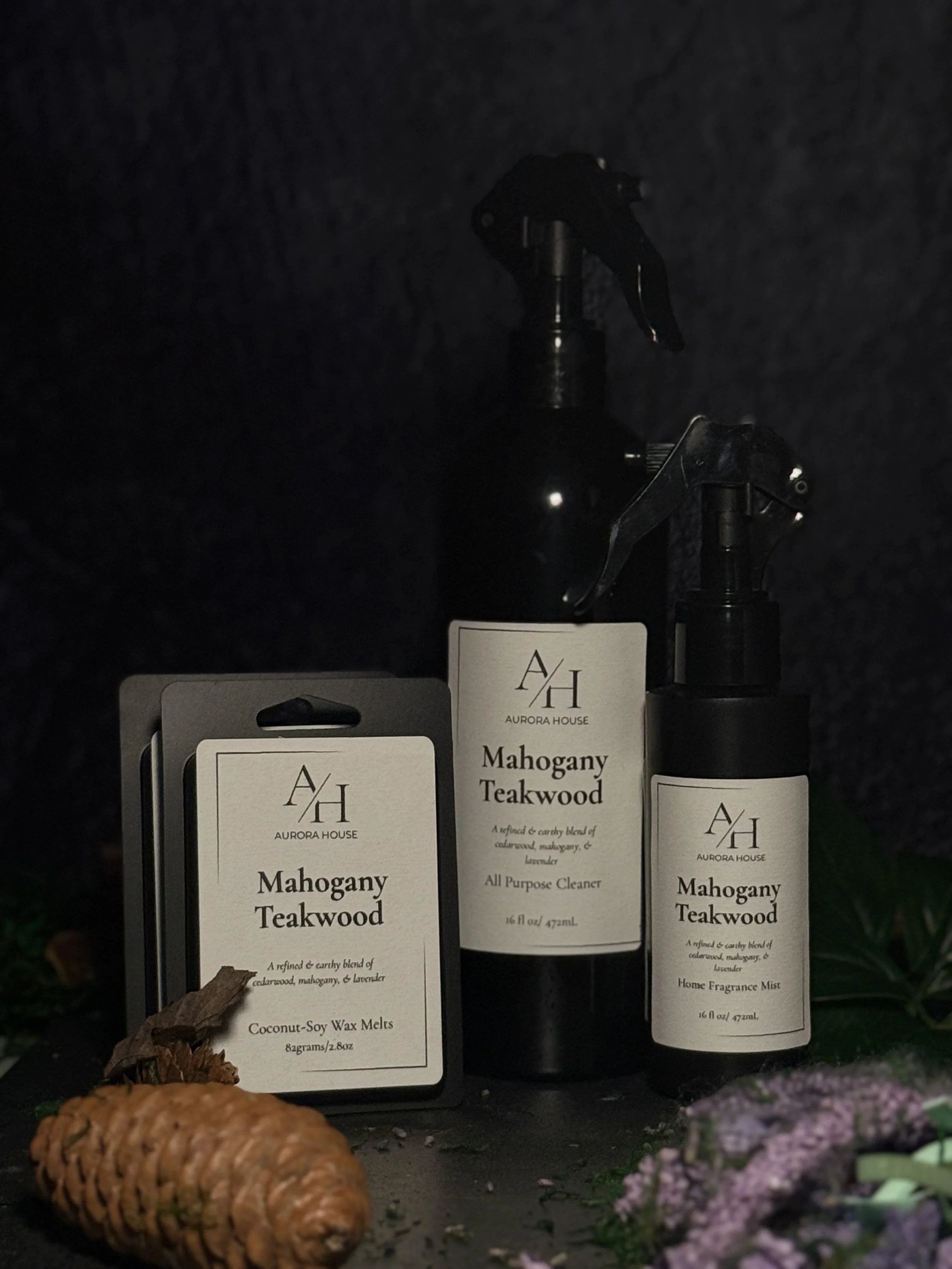 Aurora House Home Harmony Set in Mahogany Teakwood including wax melts, all purpose cleaner, and home fragrance mist