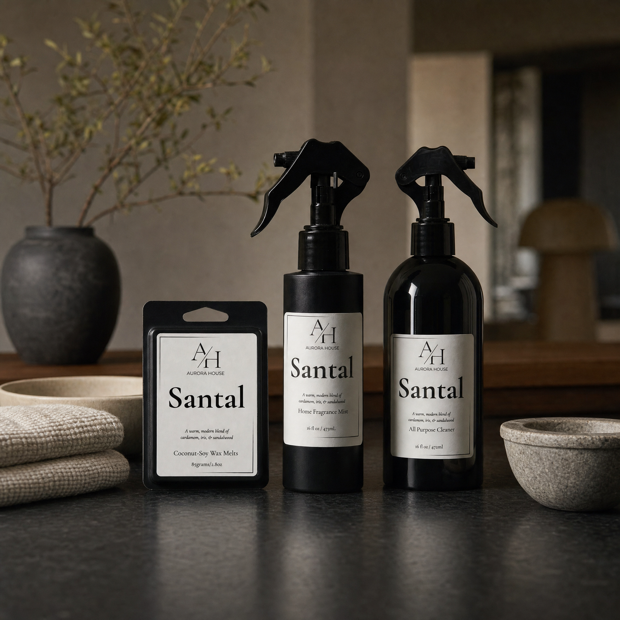 Aurora House Home Harmony Set featuring home fragrance mist, all purpose cleaner, and wax melts.