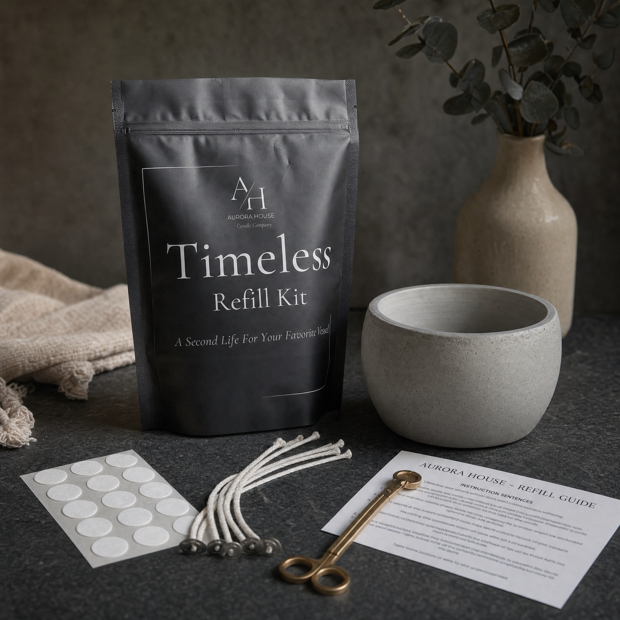 Aurora House candle refill kit styled beside a reusable candle vessel on a modern dark stone surface.