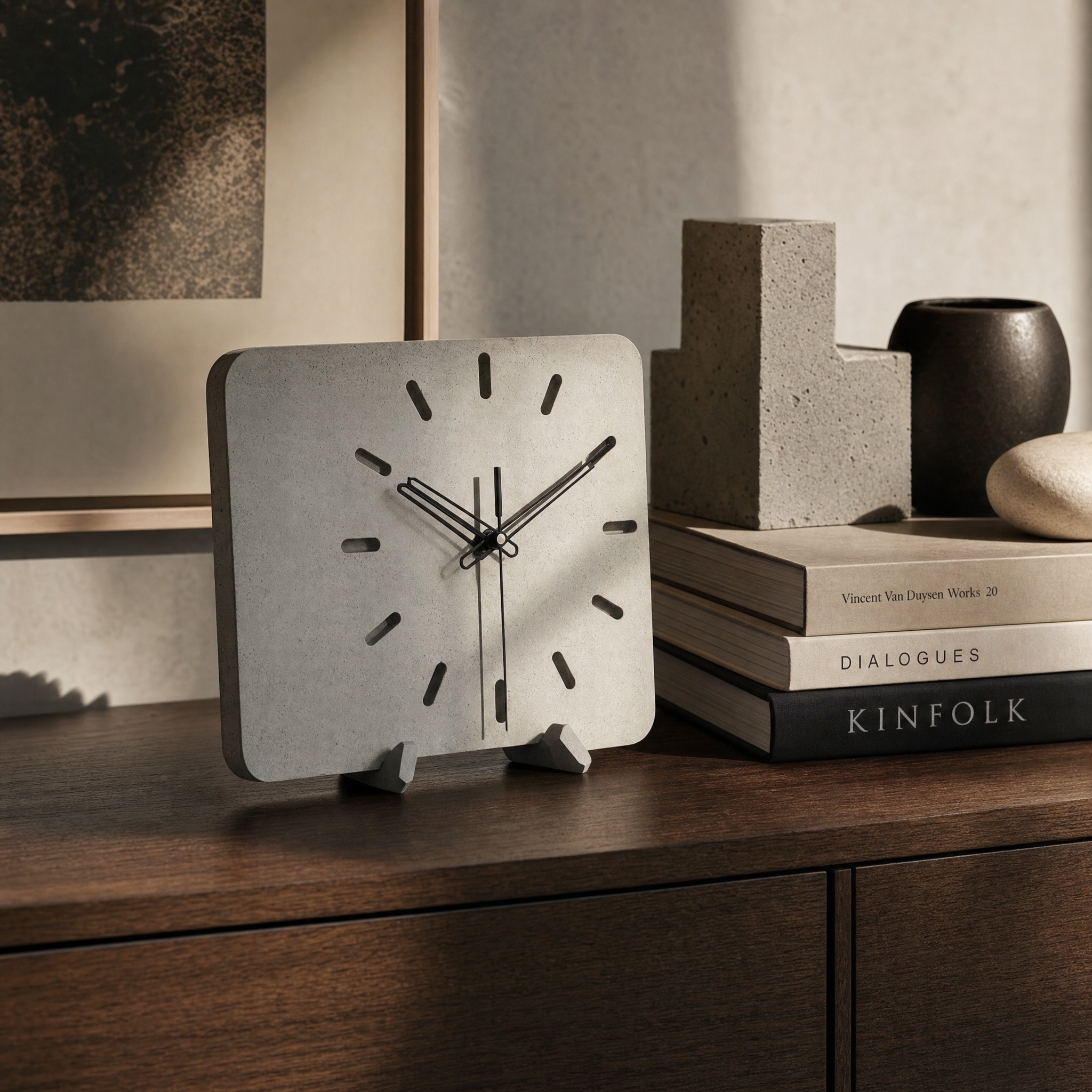 Aurora House Meridian Clock styled on a modern shelf with architectural decor and soft natural lighting.
