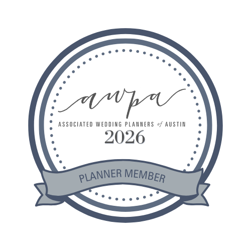 Badge with a circular design, displaying the name 'ampa,' 'Associated Wedding Planners of Austin,' the year '2026,' and a 'Planner Member' ribbon.