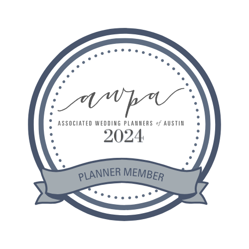 Circular badge for a wedding planning organization with the text 'APWA, Associated Wedding Planners of Austin, 2024, Planner Member' in blue and white colors.
