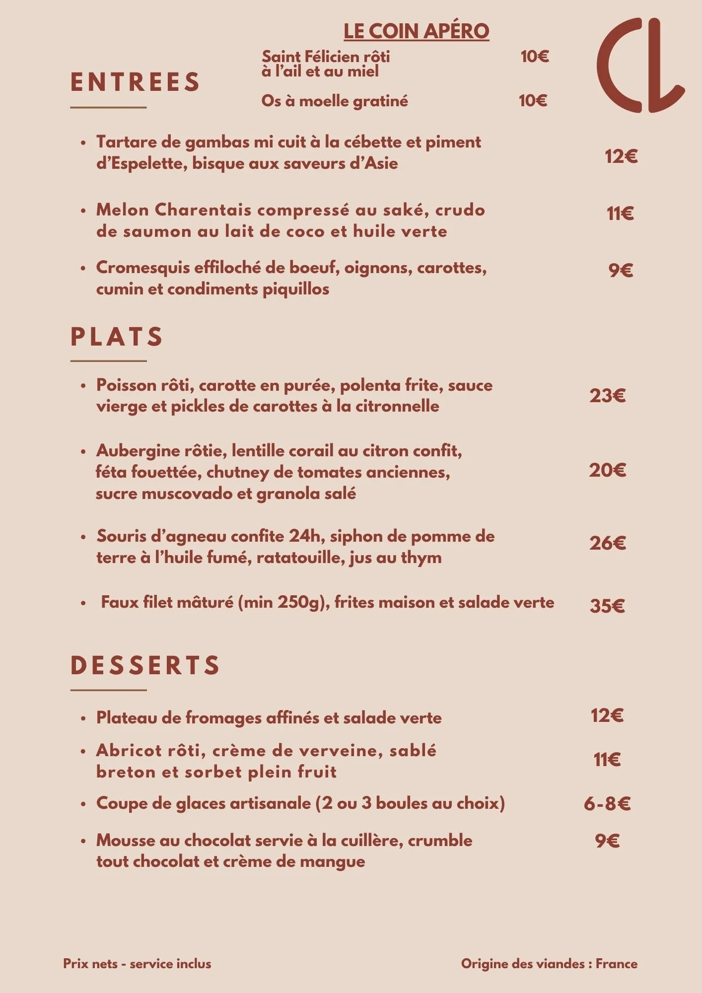 Menu de restaurant avec sections pour entrées, plats et desserts, listant divers plats et leurs prix en euros, sur fond beige avec texte marron