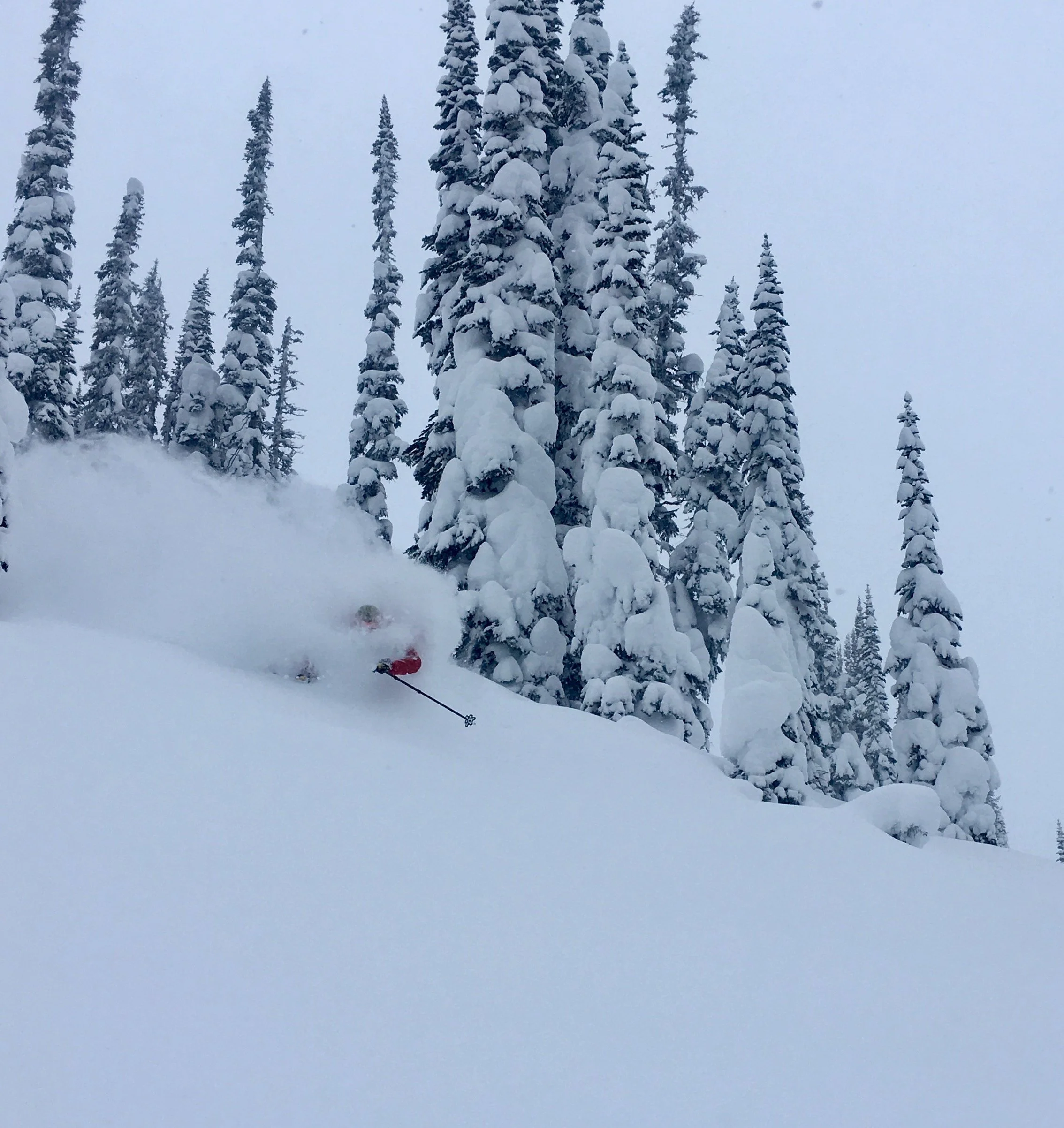 Backcountry skier covered in deep snow mid-turn