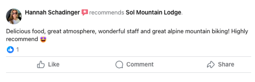 Facebook review from Hannah Schadinger recommending Sol Mountain Lodge for food, atmosphere, staff, and mountain biking.