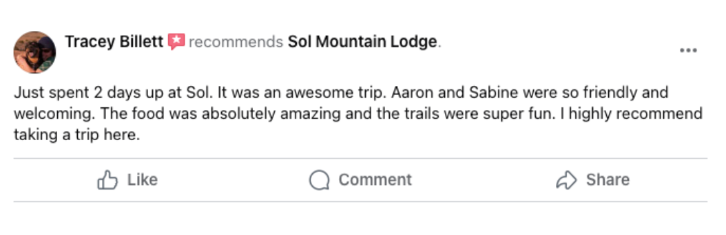 Facebook review for Sol Mountain Lodge, praising the staff, food, and trails, and recommending visiting.