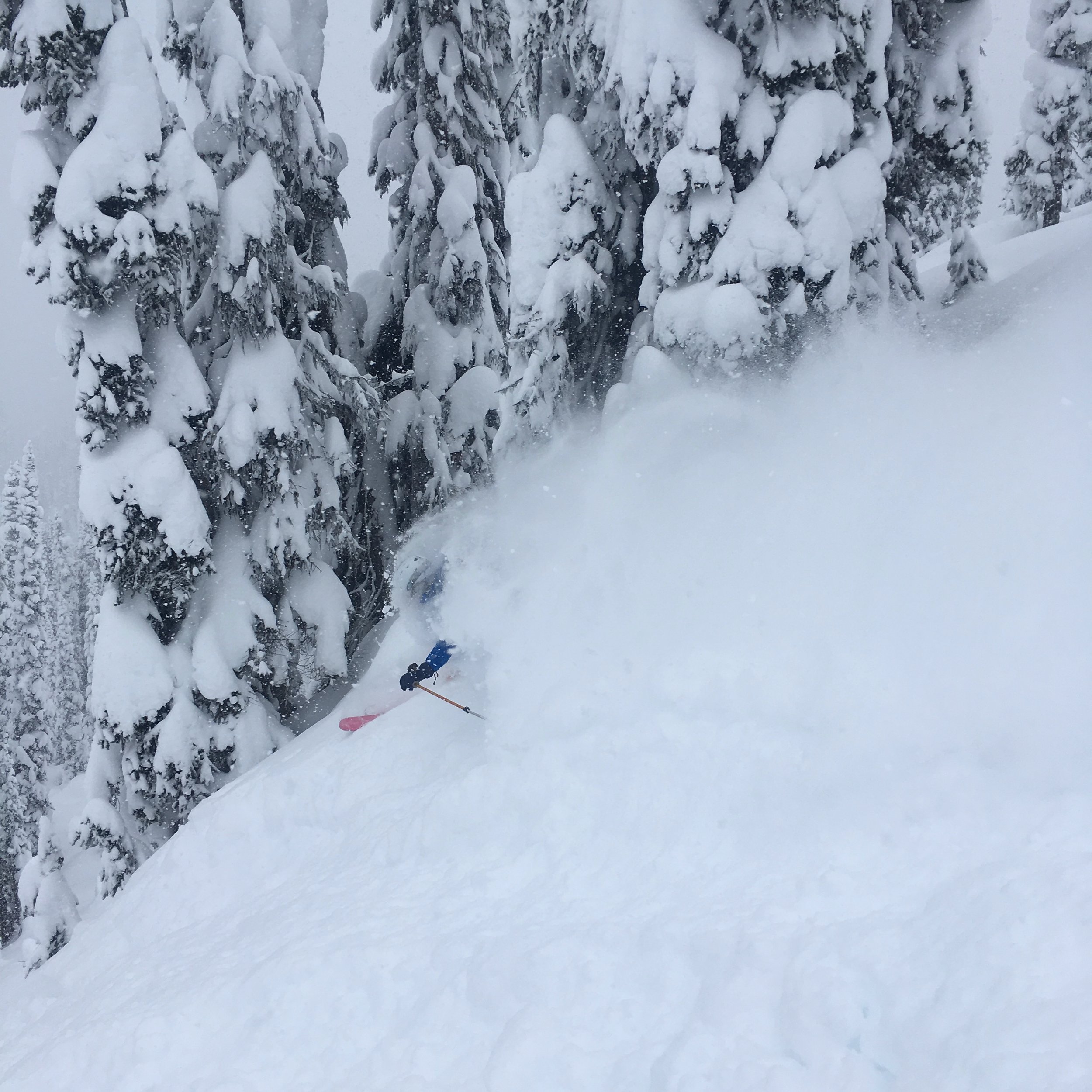 Backcountry skier charging down the slope
