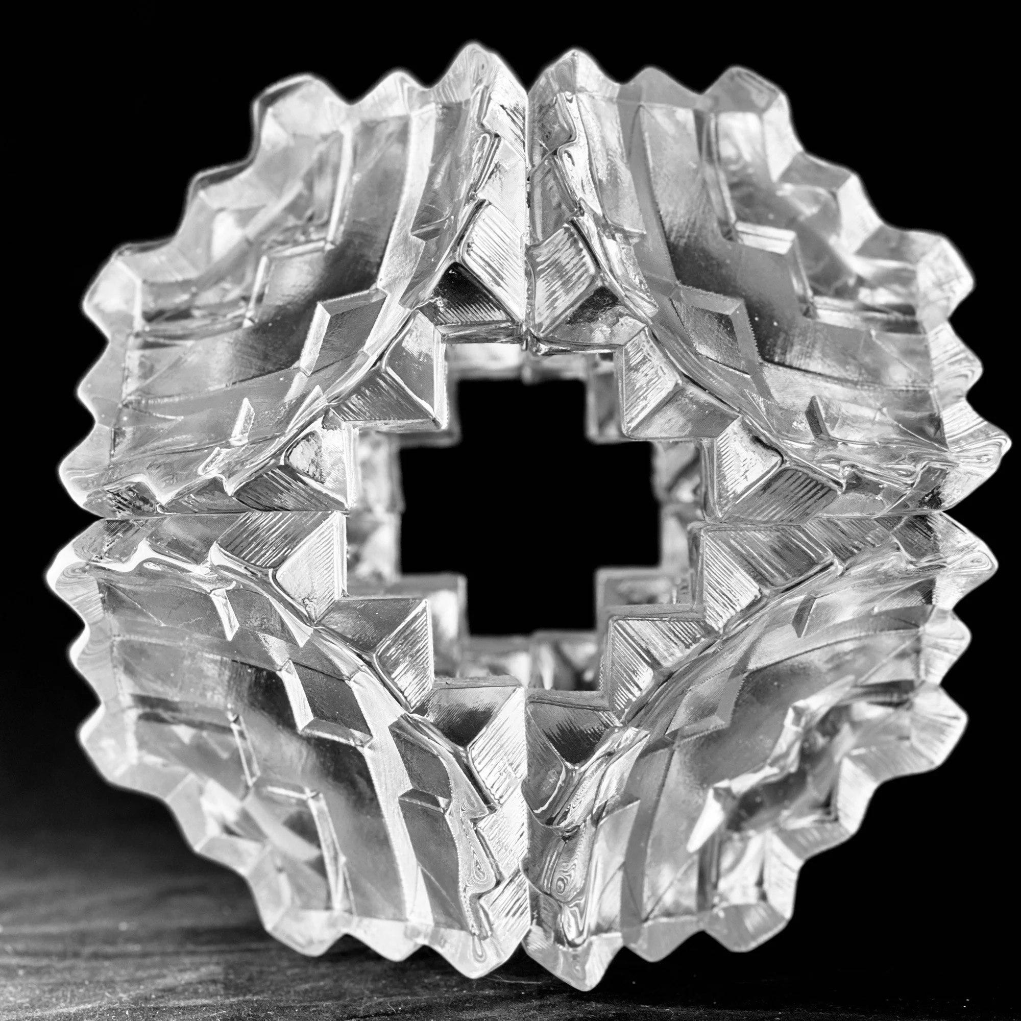 Manipura, 2018 Offhand hot assembled centrifugally cast glass from digitally designed, CNC carved graphite molds 15x15x15”