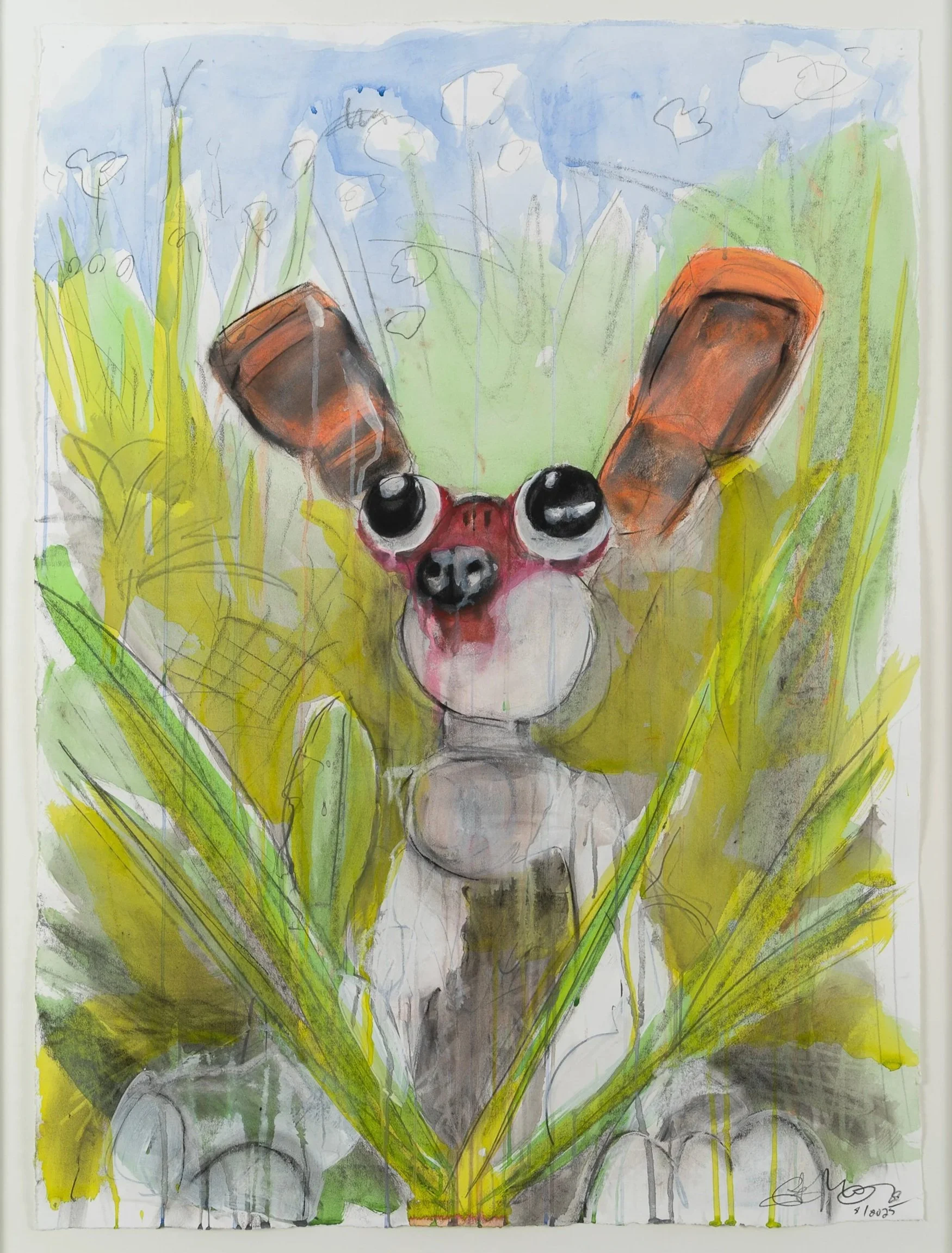 A Vision of the Chimera in the Tall Grass, 2025, acrylic, pastel, charcoal, graphite, Arches Aquarelle paper, 40” x 30 ½”