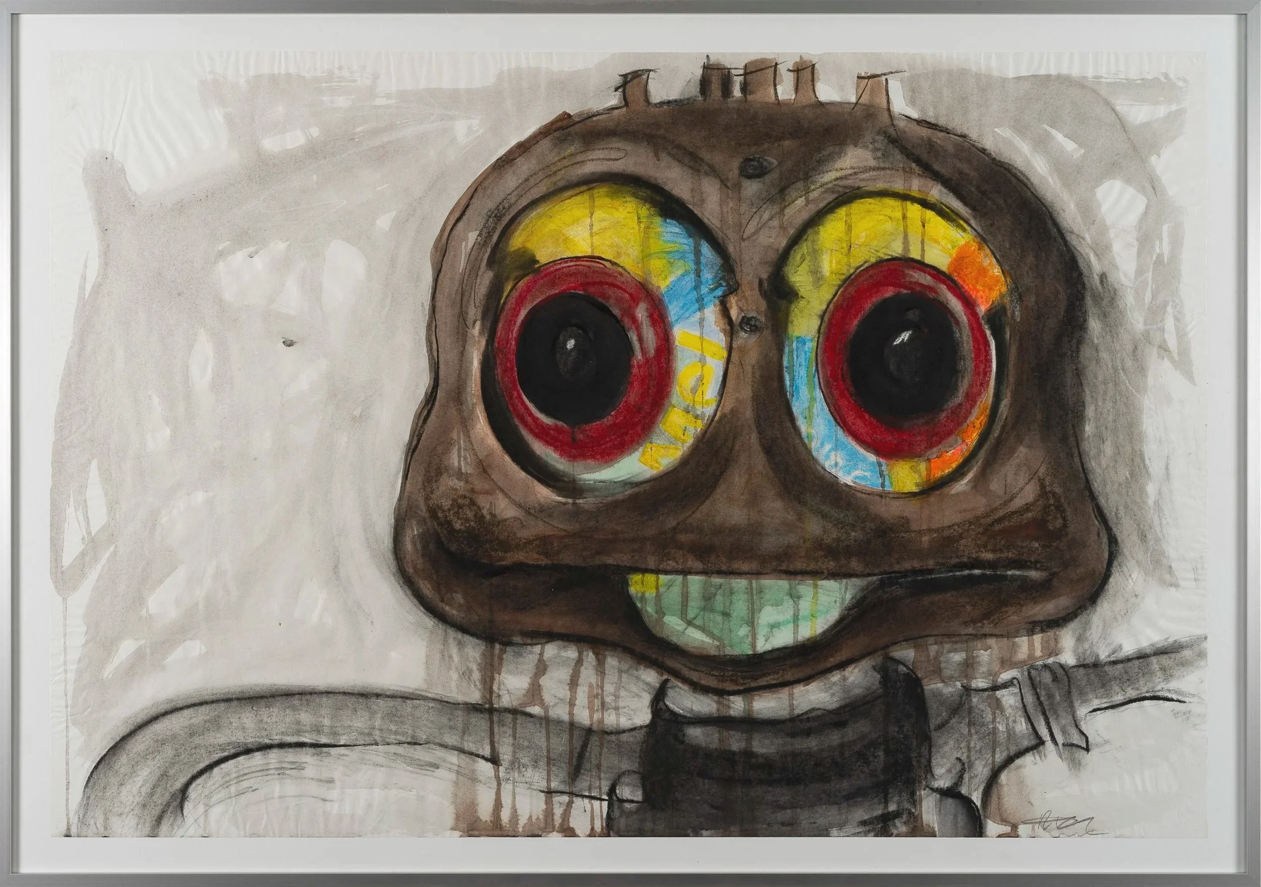 Big Eyes Front, 2023, acrylic, pastel, charcoal, graphite, Arches Aquarelle paper, 28 ¼” x 40