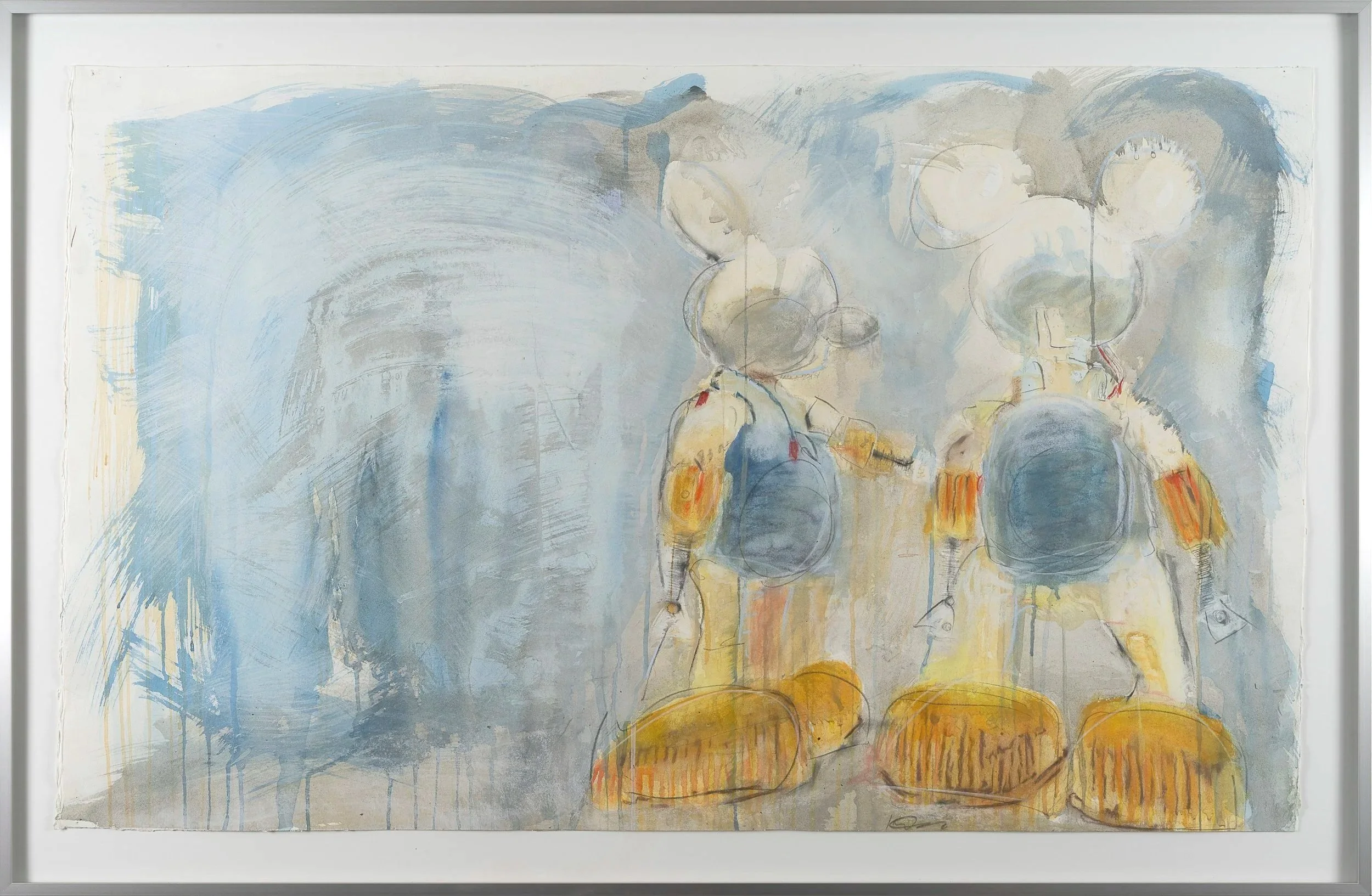 Two Mickeys in Grey, 2021, acrylic, pastel, charcoal, graphite, Arches Aquarelle paper, 31”x  47”