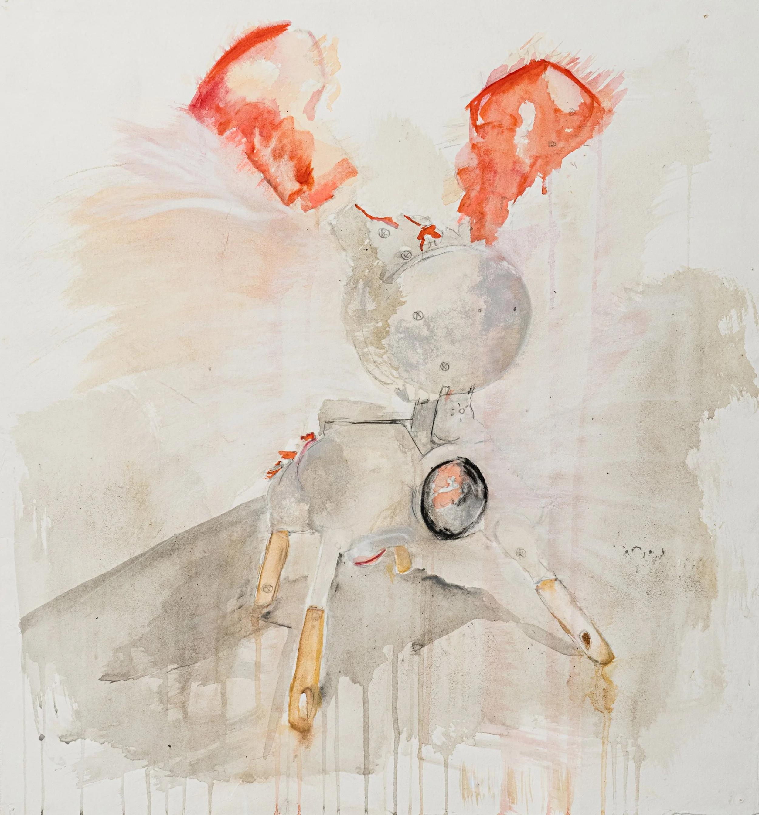 Mutant With Orange Ears, 2022, acrylic, pastel, watercolor, charcoal, Arches Aquarelle paper, 25" x 23"