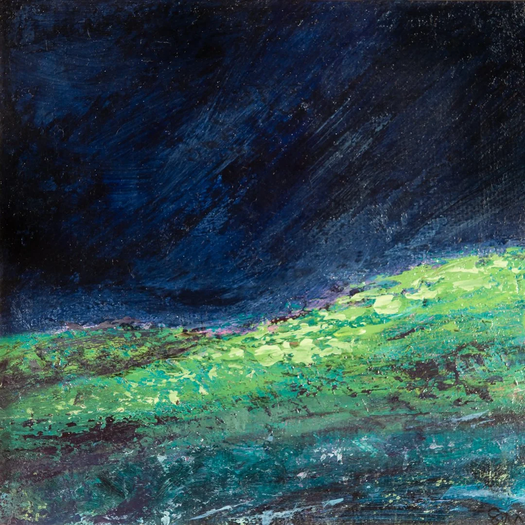 Catching the last light, acrylic on canvas, 14 x 14cm, framed in a white wood frame: €250