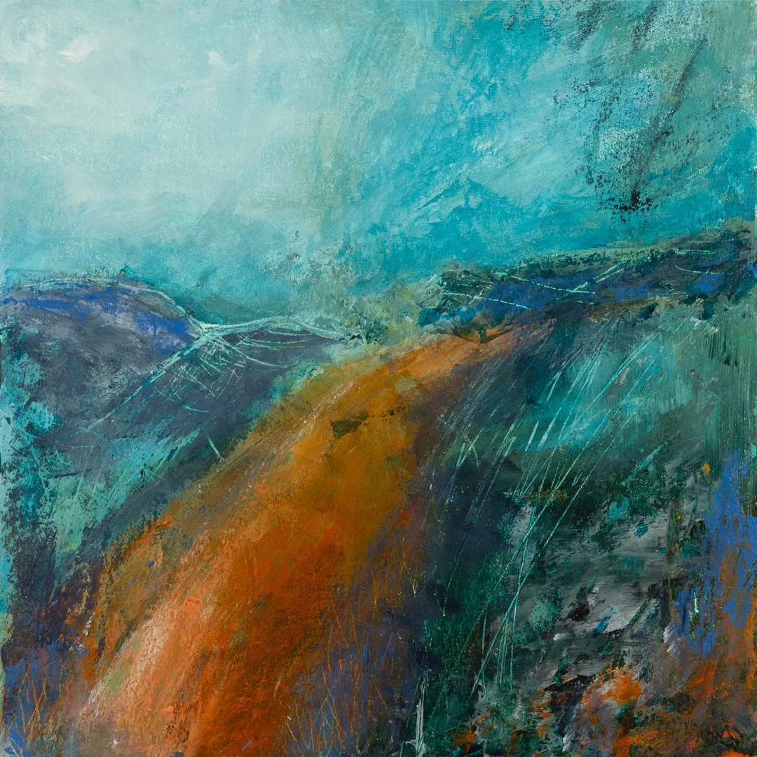 Where the wind turns, acrylic and ink on paper, 30 x 28cm, framed in a white wood tray frame: SOLD