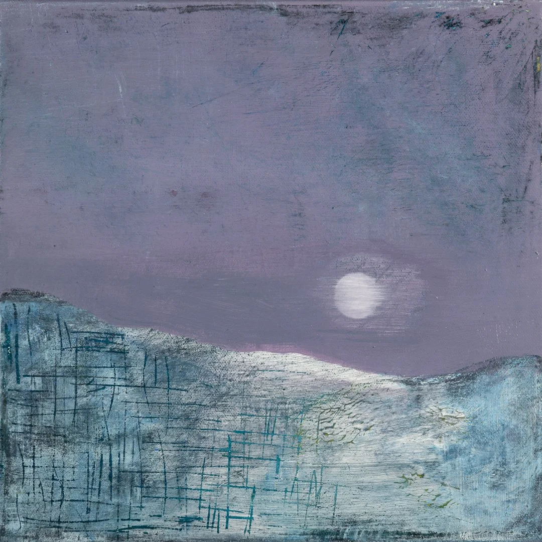 Snow moon, acrylic on canvas, 30 x 30cm, framed in a white wood tray frame: €395