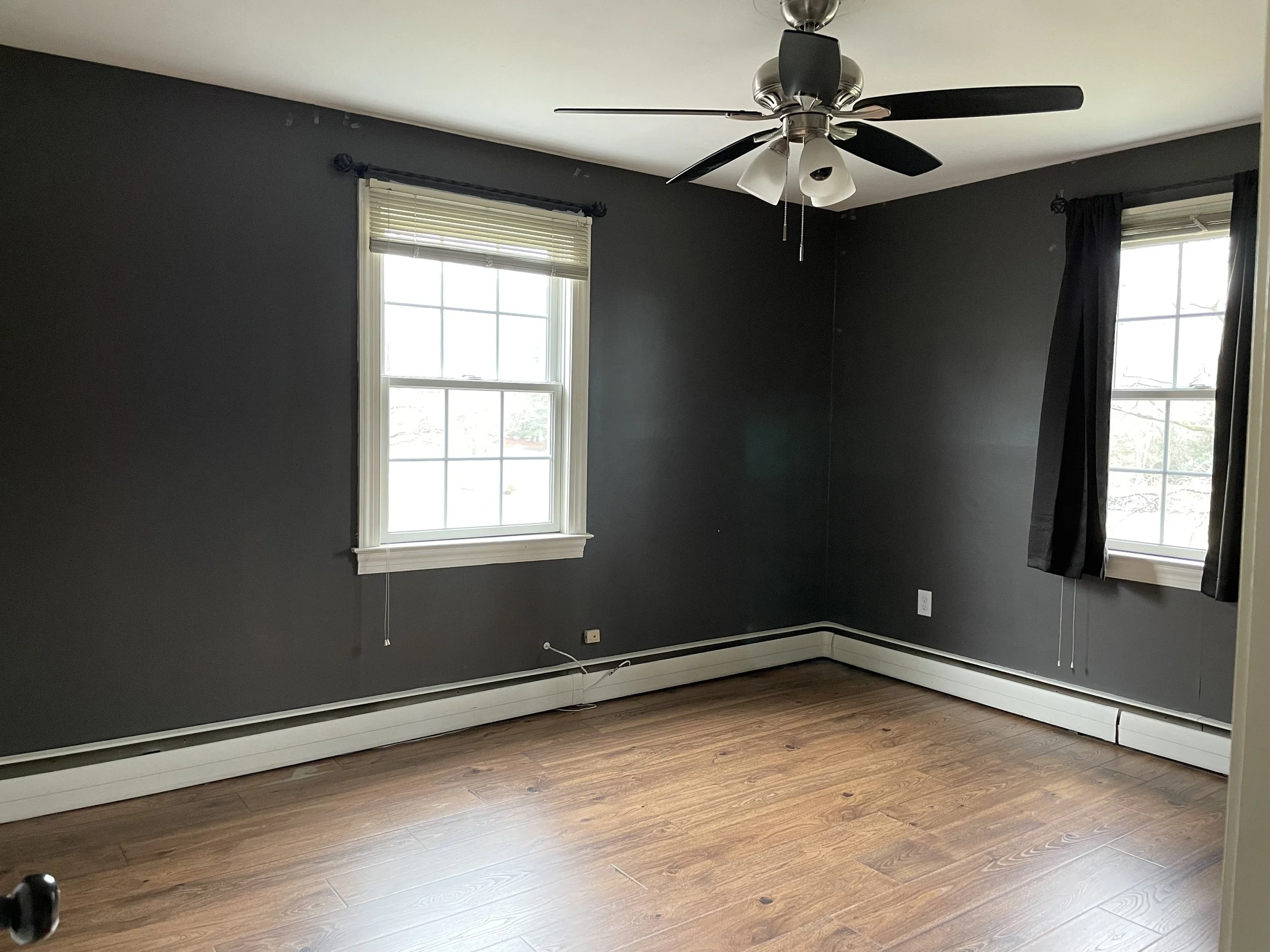 Empty room with dark gray walls, hardwood floor, two windows with blinds and curtains, ceiling fan with light, baseboard heating, and electrical outlets.