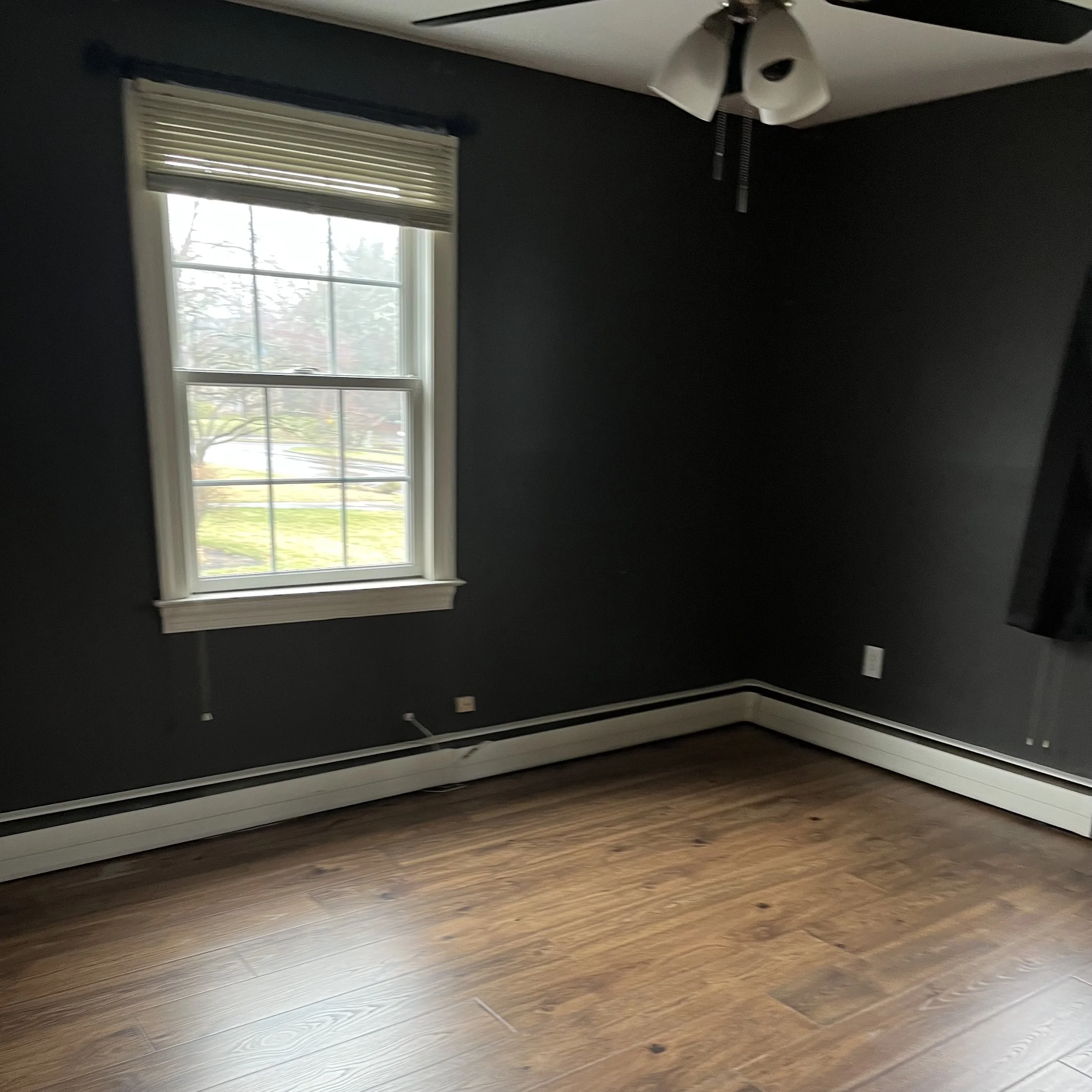 Empty room with dark gray walls, a window with blinds, wooden flooring, and a ceiling fan with light fixtures.