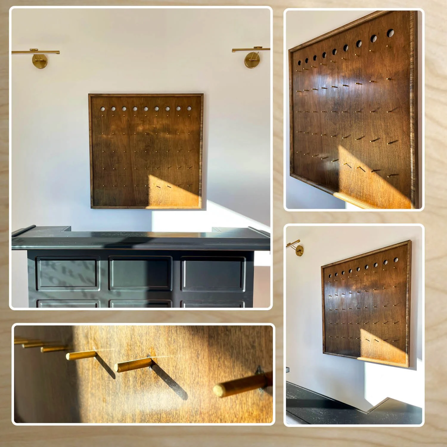 A photo collage showing a wooden pegboard with several pegs, mounted on a white wall in a room. The collage includes multiple angles and close-ups of the pegboard and pegs, with a black metal cabinet below it and sunlight casting shadows.