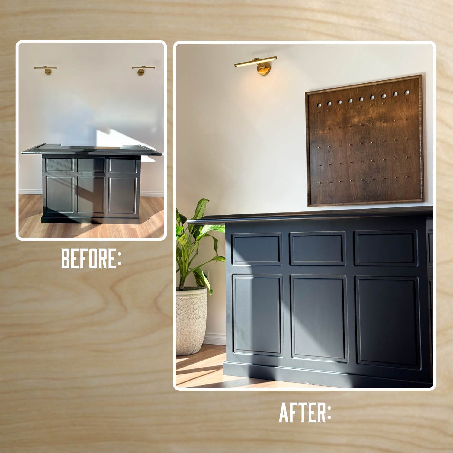 Side-by-side comparison of a dark blue cabinet with panel detailing before and after painting. The after image shows the cabinet against a wall with a plant nearby and a decorative wooden wall hanging above it, with sunlight casting shadows.