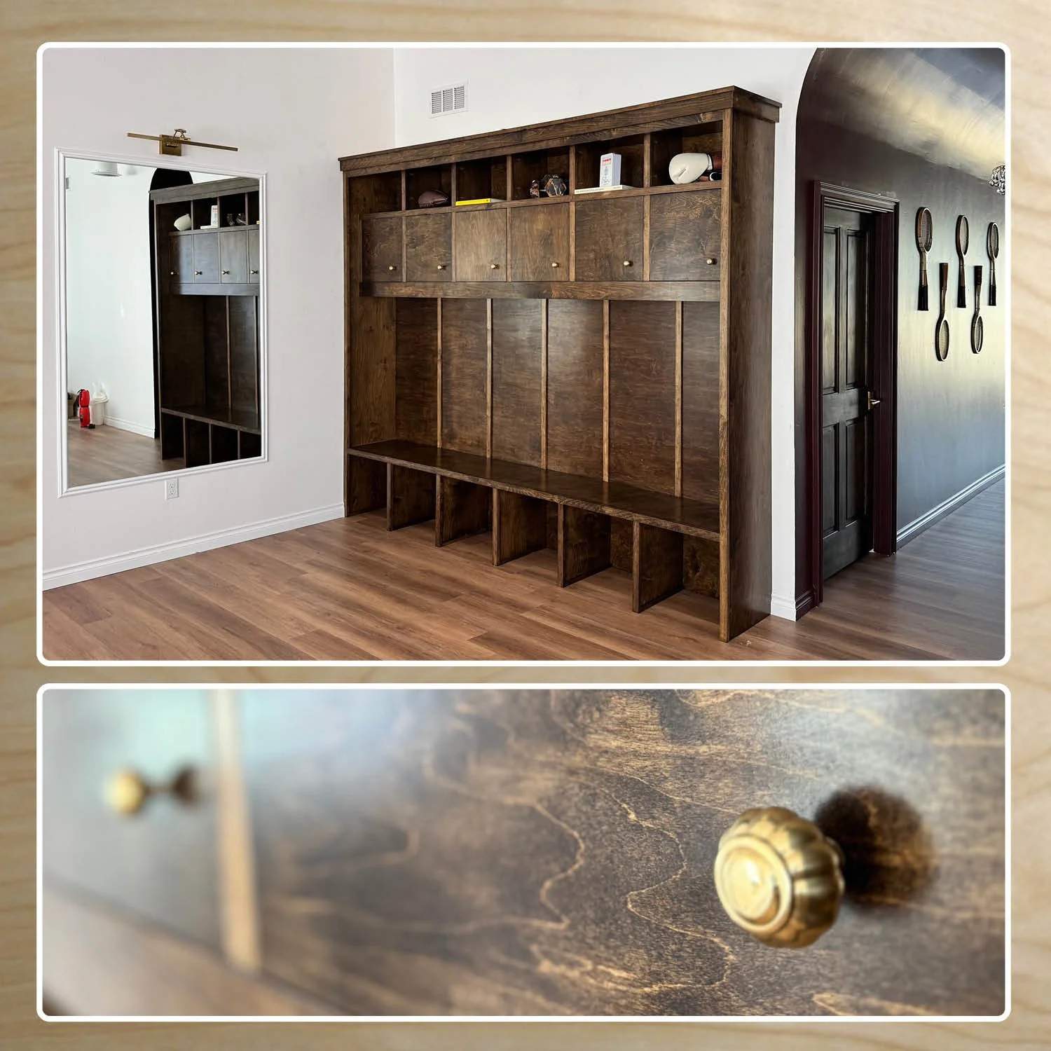 A large wooden hall tree with cubby storage at the top and slots at the bottom, set in a room with hardwood floors and white walls.