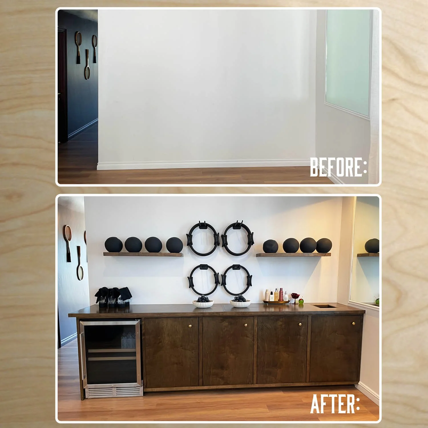 Before and after images of a room transformation showcasing a fitness corner. The 'before' photo displays an empty white wall with a frosted window on the right and some hanging black gym rings on the wall. The 'after' photo shows the same wall now d