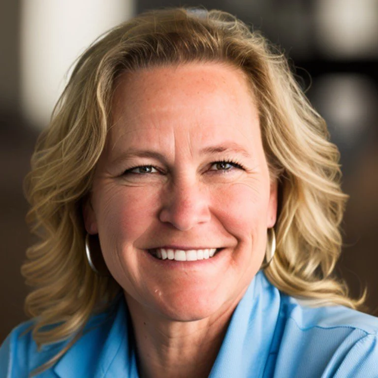 Close-up of a smiling middle-aged woman with blonde curly hair wearing a light blue shirt and silver hoop earrings.