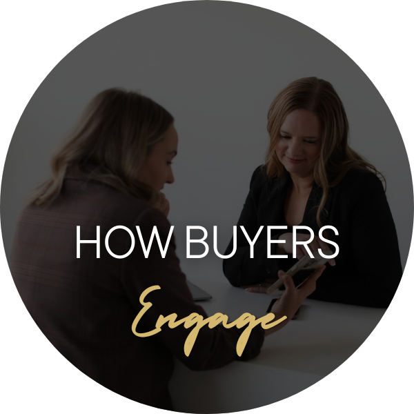 Two women sitting at a table, with one showing something on a phone to the other, with text overlay that says 'How Buyers Engage'.