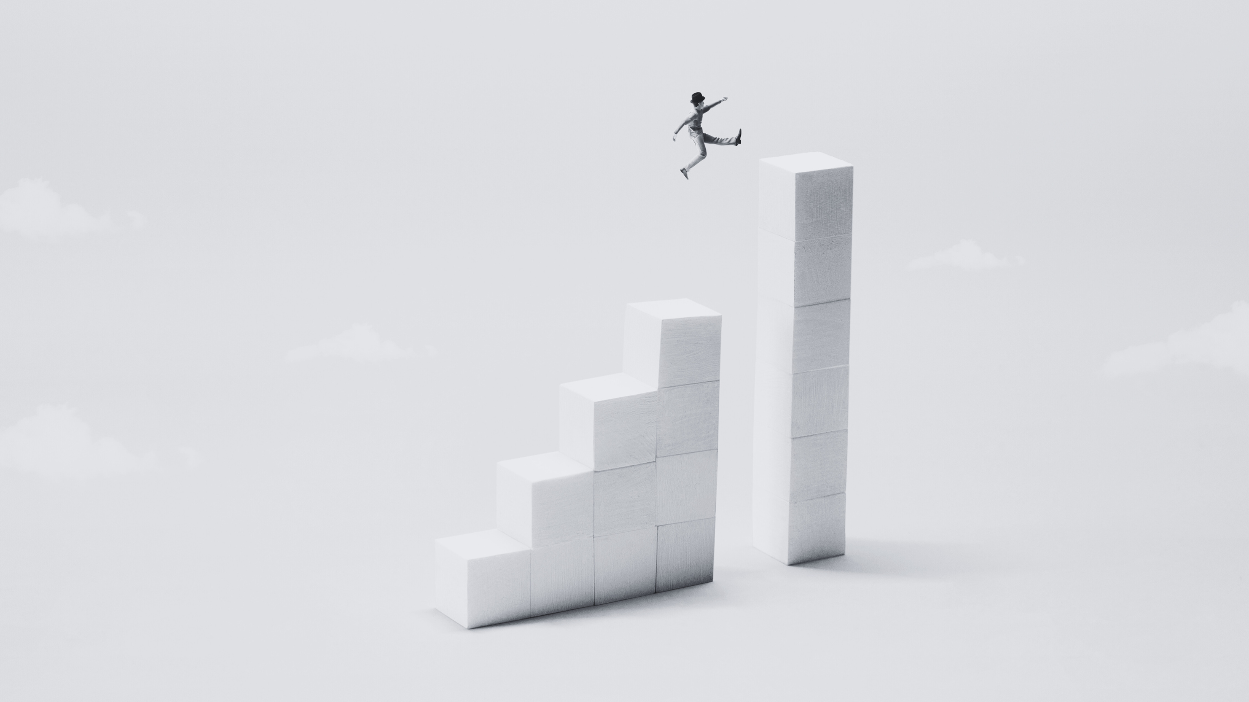 Person jumping between two ascending white blocks or steps on a minimalistic white background.
