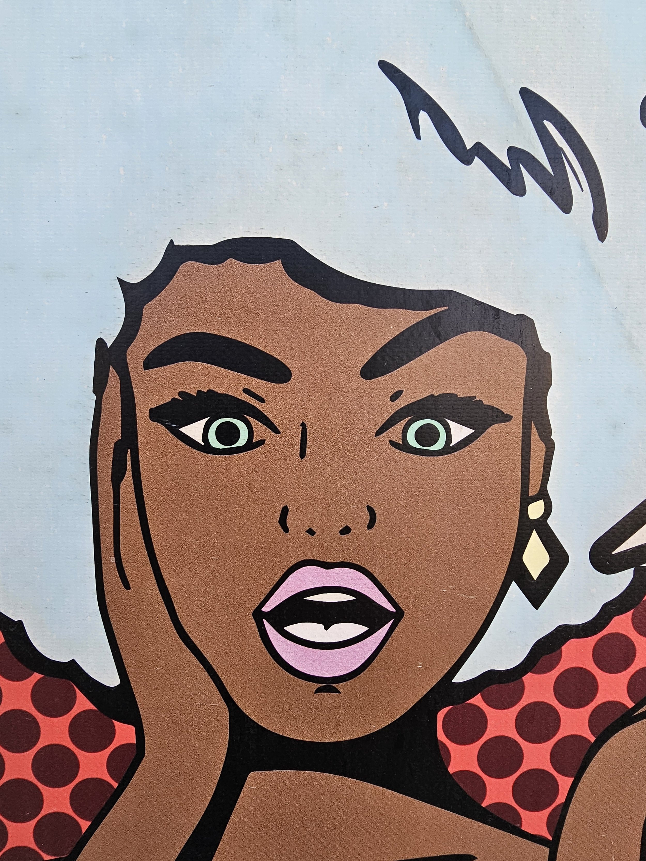 Pop art illustration of a woman with dark skin, white hair, and surprised expression, holding her face with her hand, against a colorful dotted background.