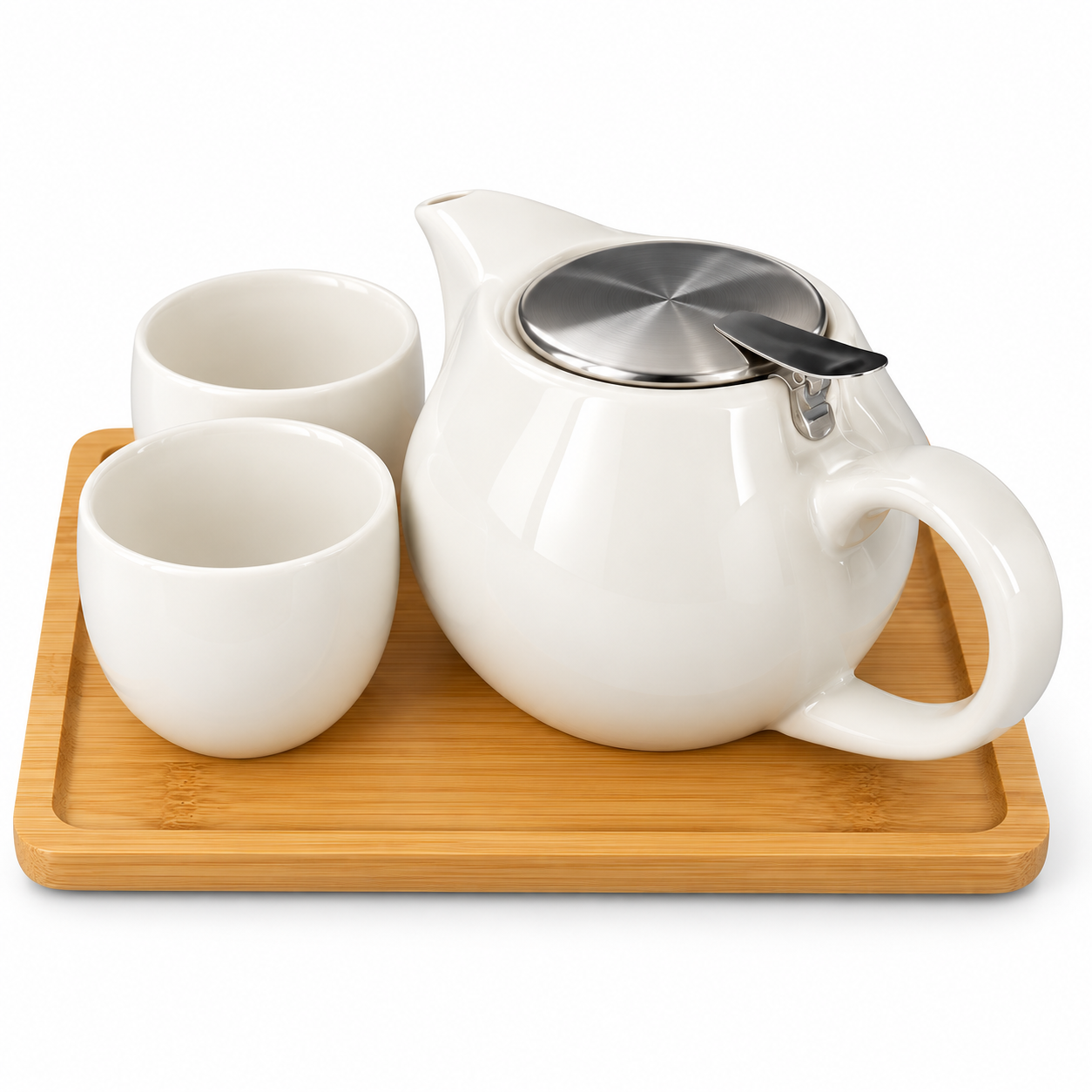 White Ceramic Tea Set with Bamboo Tray
