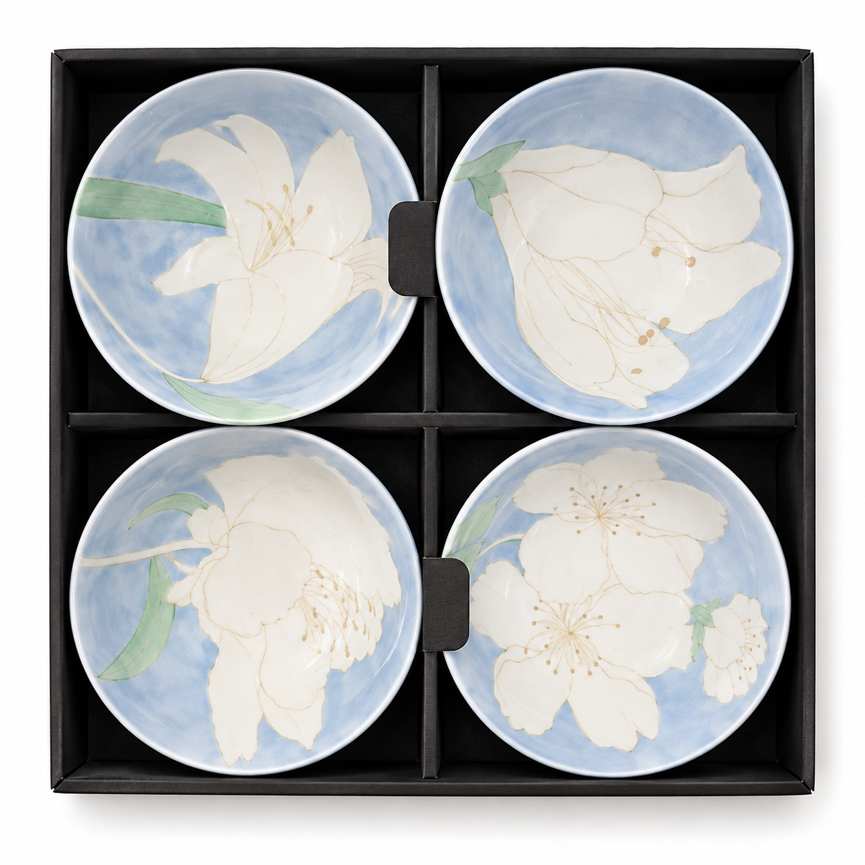 Pastel Blue Floral Ceramic Bowl Set – 4 PCS