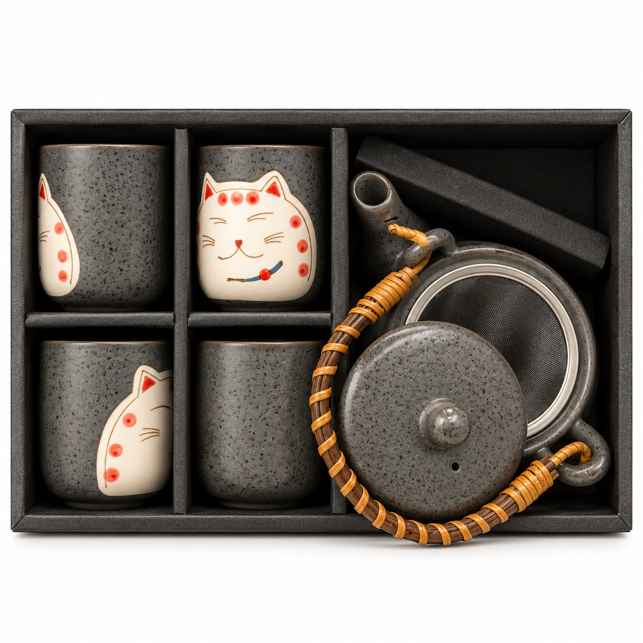 Gray Lucky Cat Tea Set – 5 PCS