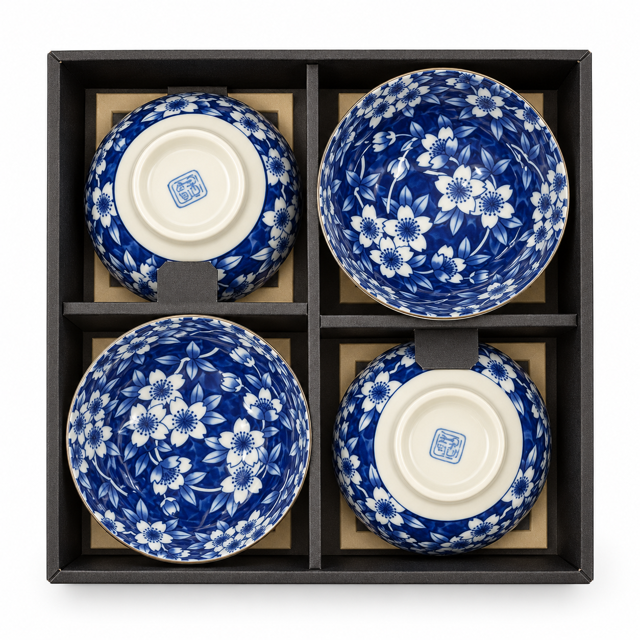 Blue & White Floral Ceramic Bowl Set – 4 PCS
