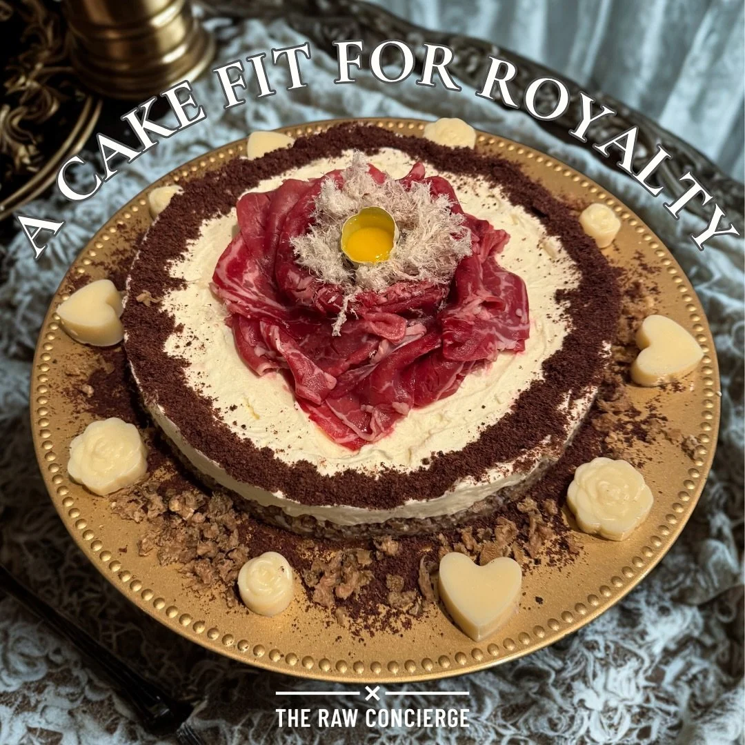 Not your average dog cake.
This layered beauty was crafted for none other than Lilith and Lucifer Morningstar—because nothing less than exceptional will do.
From the air-dried bison trachea and ostrich tendon crust (rich in natural collagen)