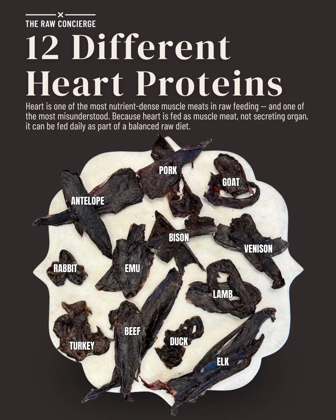 Different heart proteins serve different purposes &mdash; from amino acid diversity and fat composition to texture, micronutrient concentration, and feeding application.

Because heart is classified as muscle meat rather than secreting organ, it can 