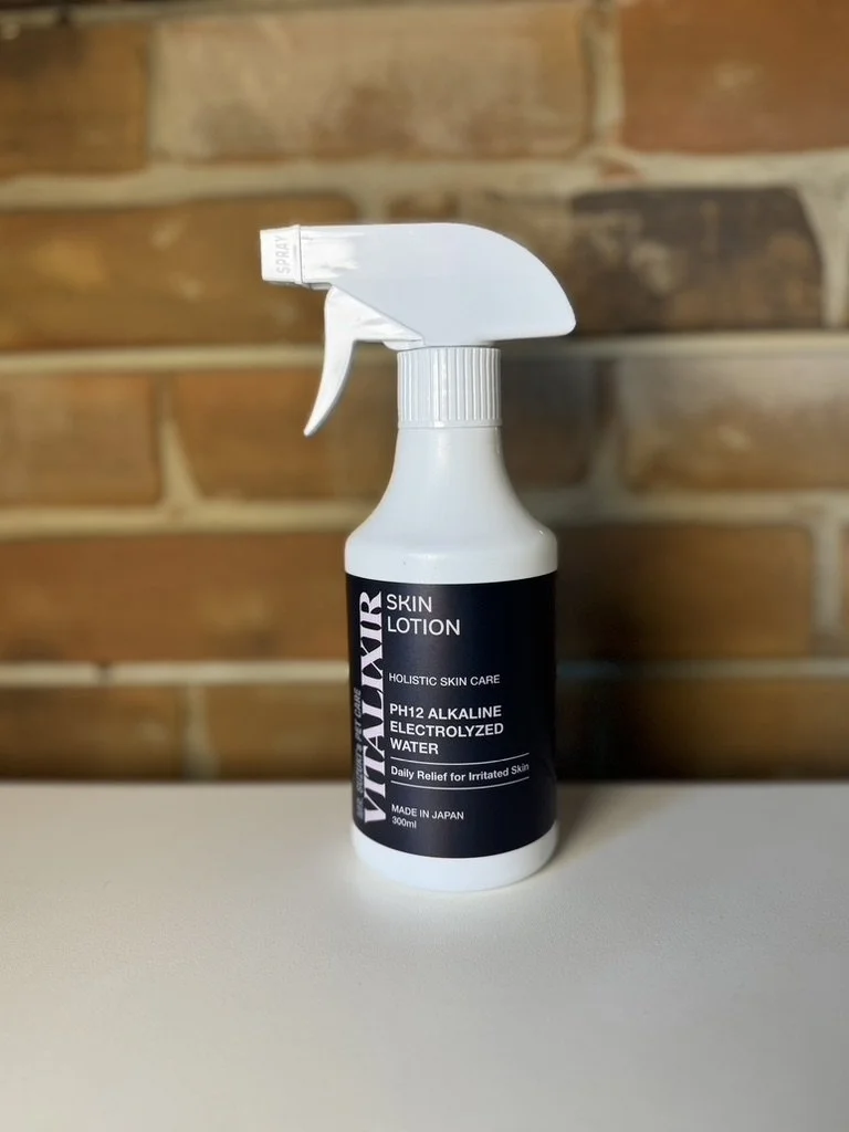 Vitalixir Skin Lotion for dogs and cats, a professional skin care formula with alkaline ion water, sake lees, and hyaluronic acid to support sensitive and irritated skin.