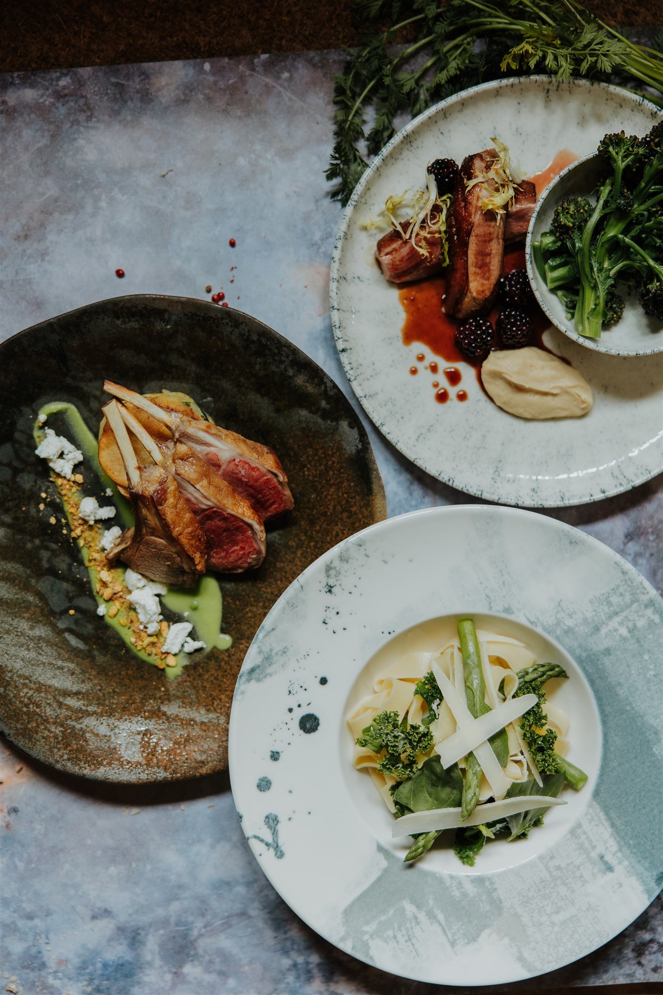 Three gourmet dishes by Shepherd's Table, Kent's premier private dining company