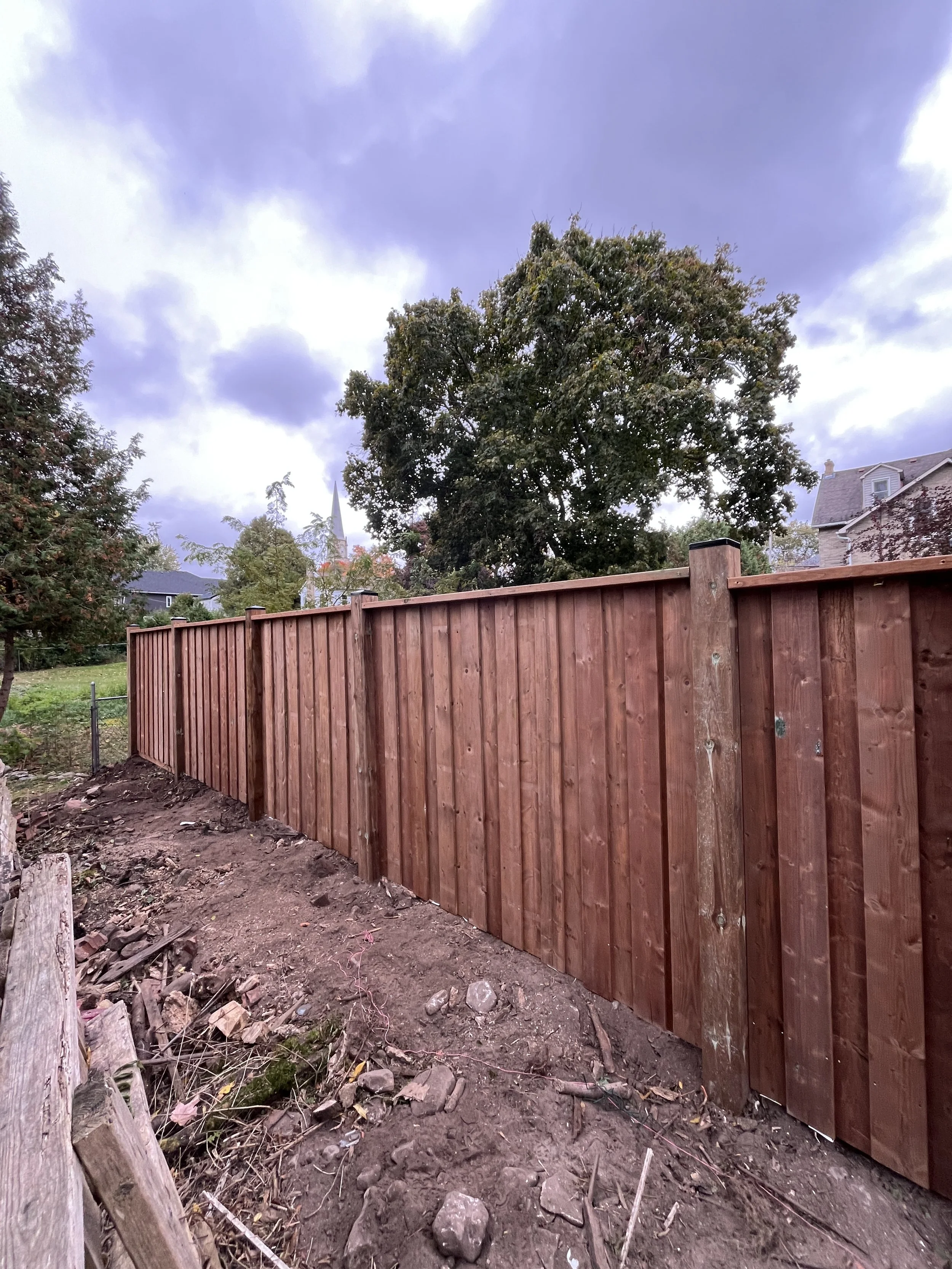 A newly built wooden fence in a backyard, with trees and neighboring houses in the background, under a cloudy sky.