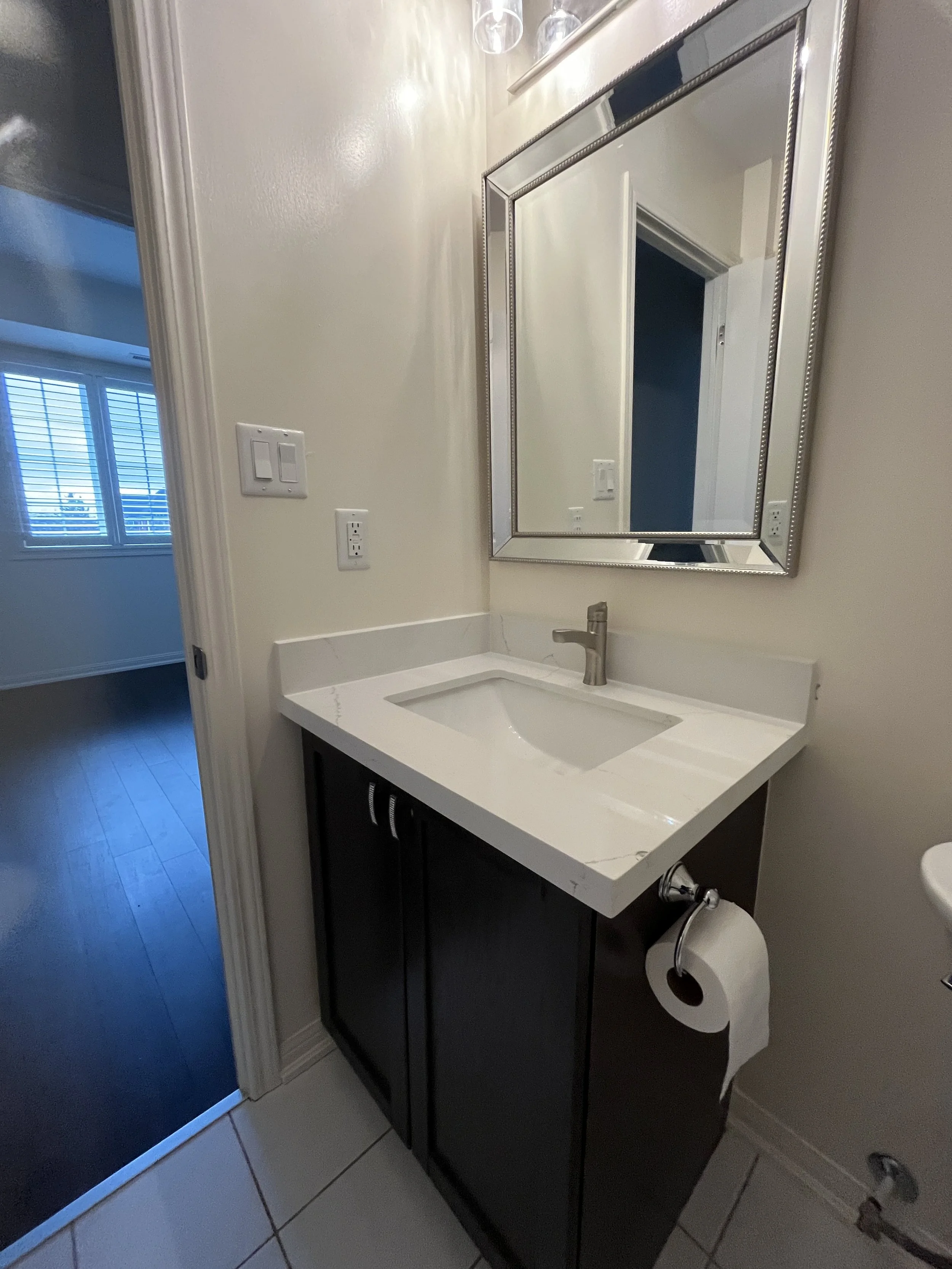 Bathroom vanity with a white marble countertop, a rectangular undermount sink, a silver faucet, a dark cabinet, a large rectangular mirror with beadboard frame, a wall socket, and a toilet paper holder below the countertop.